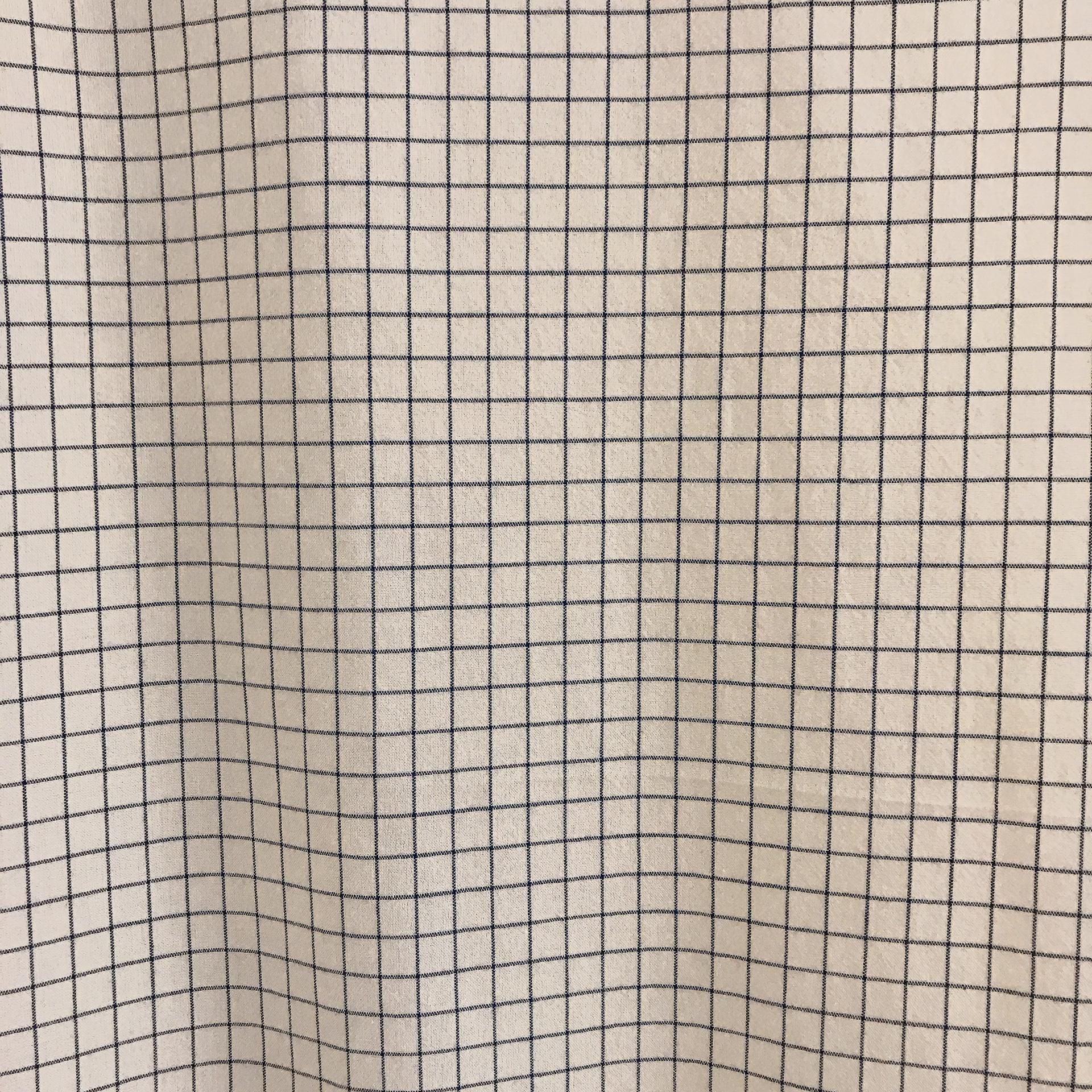 Navy Grid Check Curtain on Natural Beige
