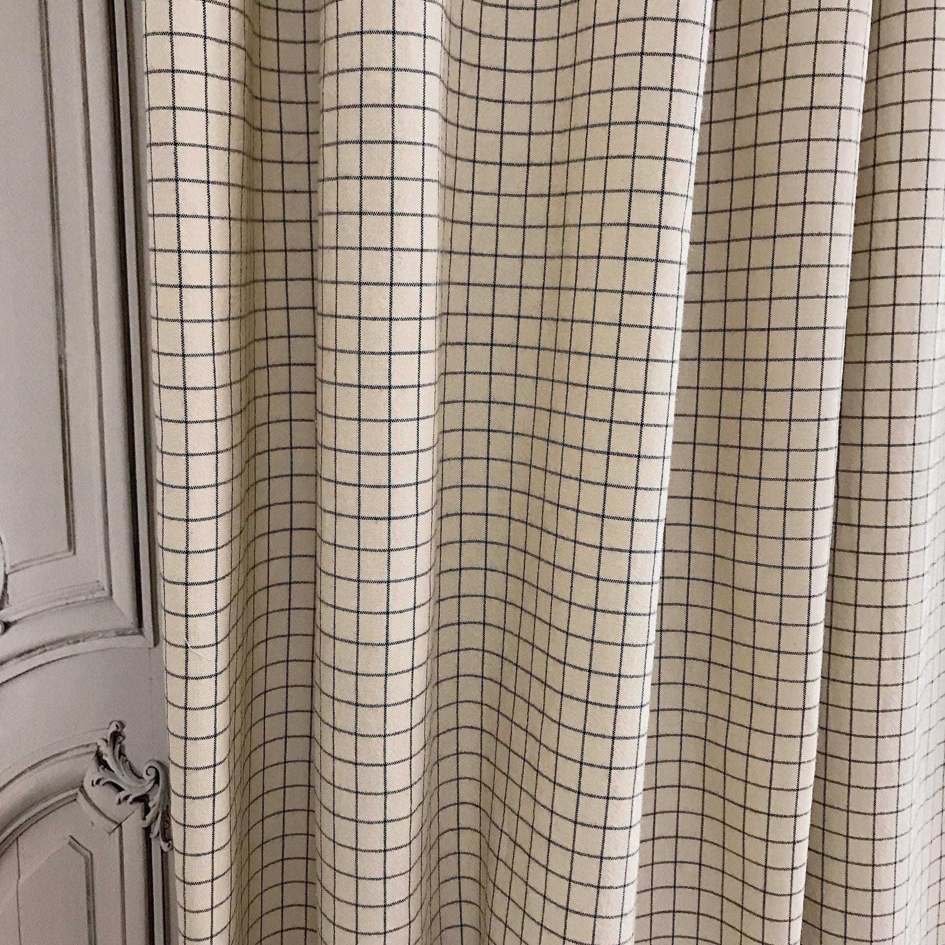 Navy Grid Check Curtain on Natural Beige