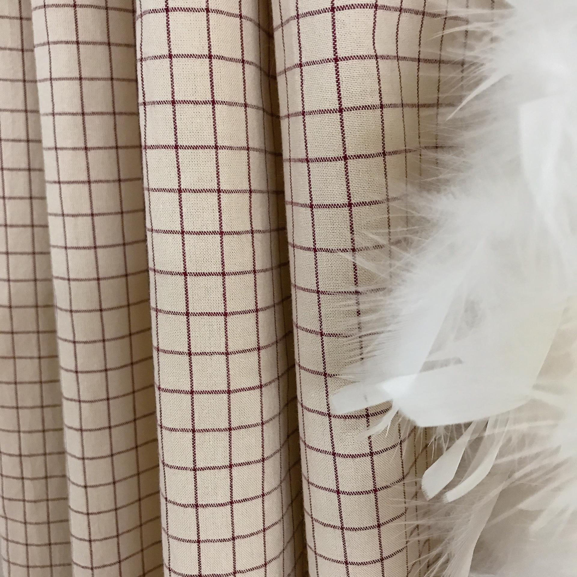 Burgundy Grid Check Curtain on Natural Beige