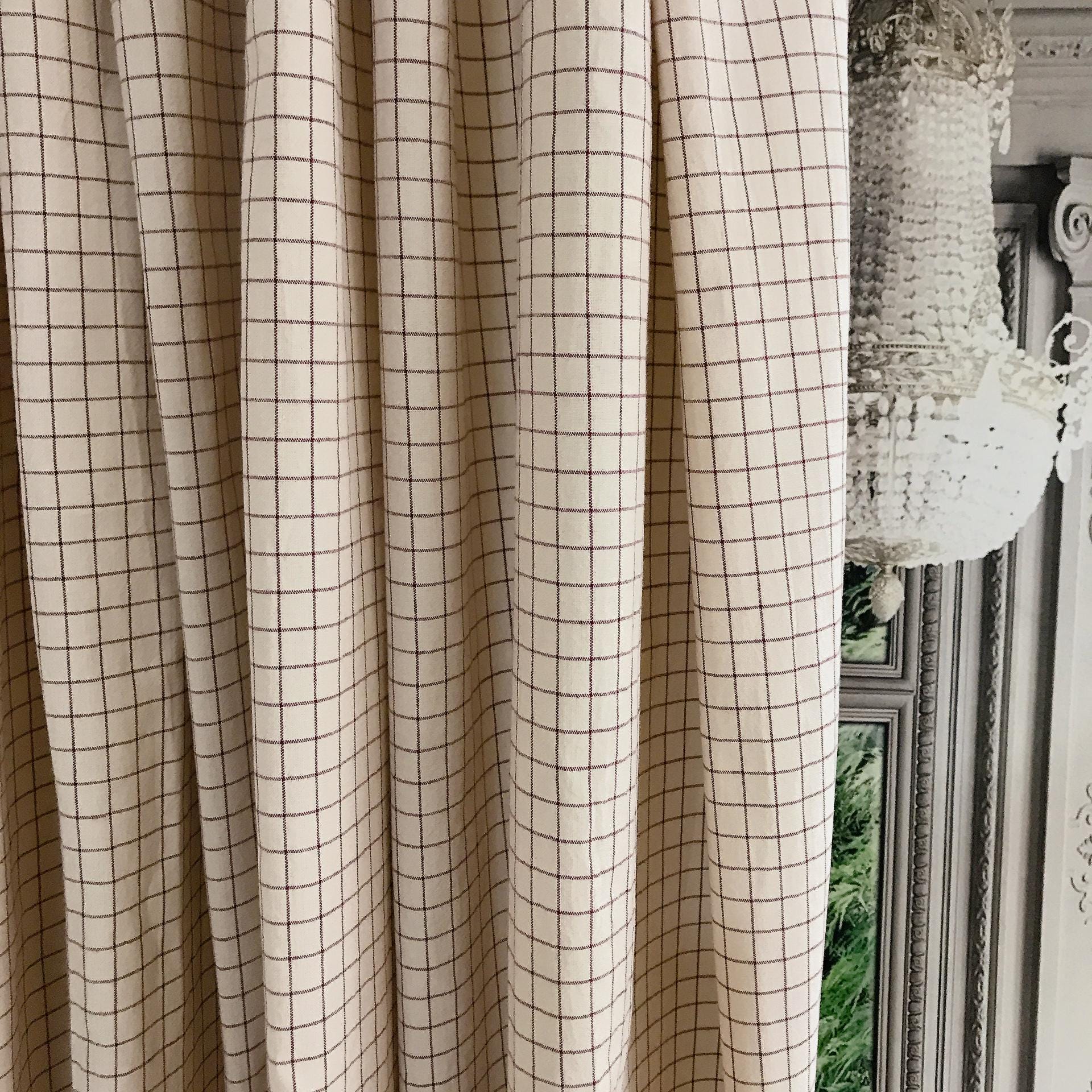 Burgundy Grid Check Curtain on Natural Beige