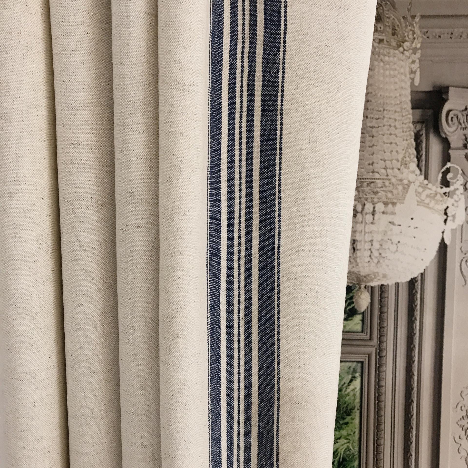 Indigo Blue Stripe Curtain on Natural Beige