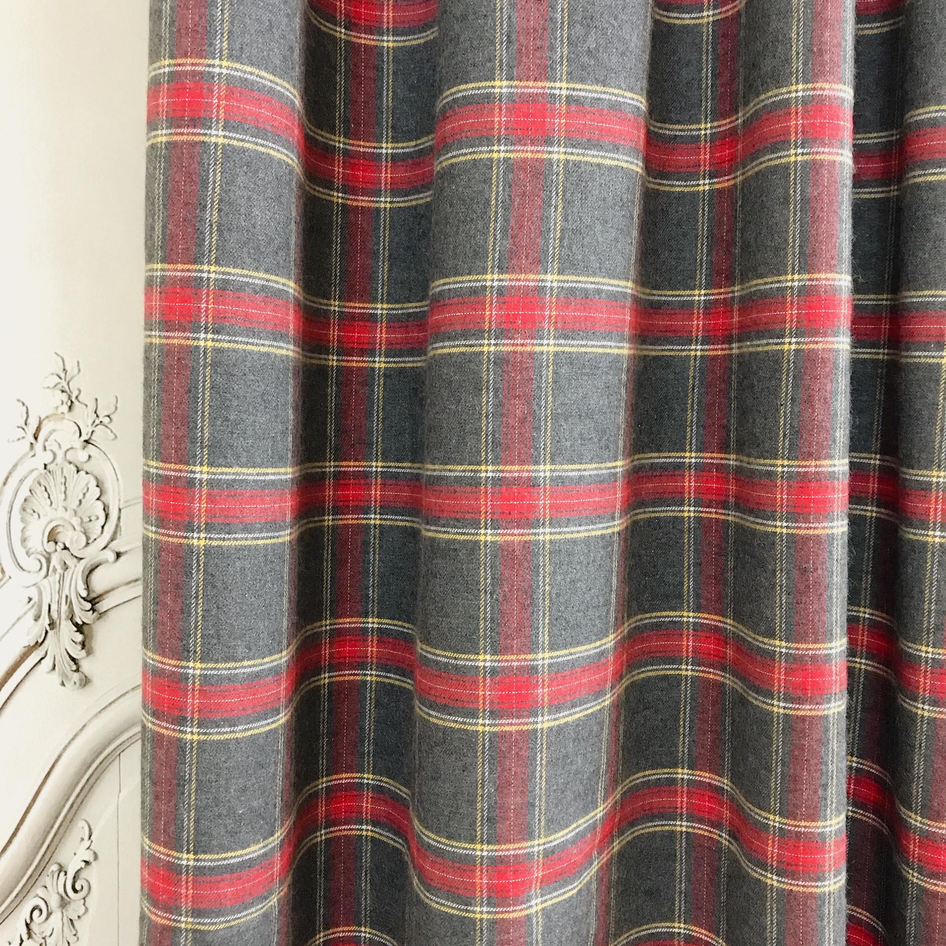 Red Burgundy Yellow Plaid Blushed Curtain on Grey