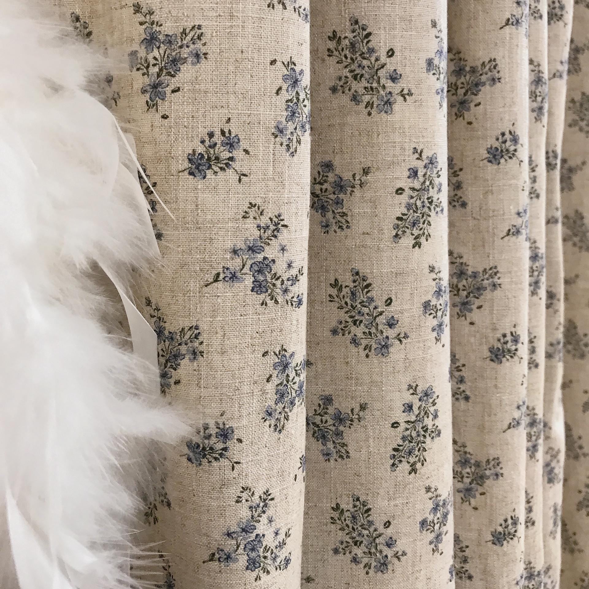 Blue and Deep Green Tiny Floral Curtain on Natural Beige