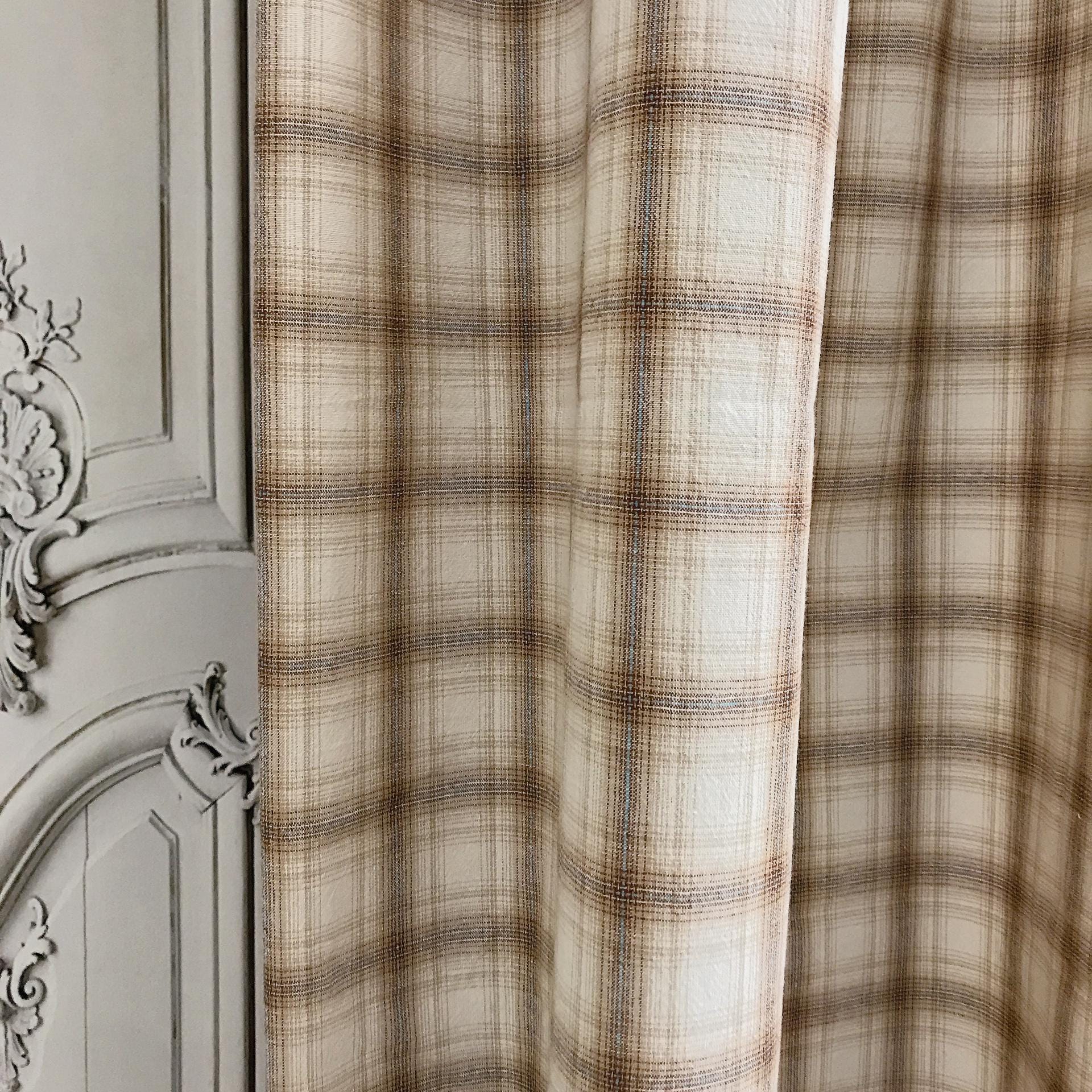 Brown and Blue Plaid Curtain on Natural Beige