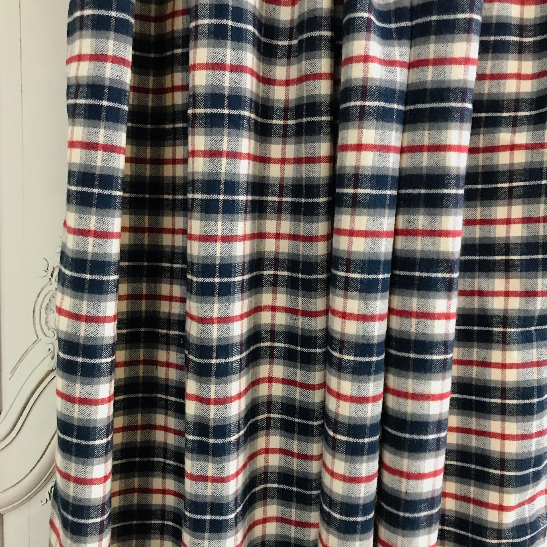 Deep Indigo Blue and Burgundy Plaid Curtain on Ivory