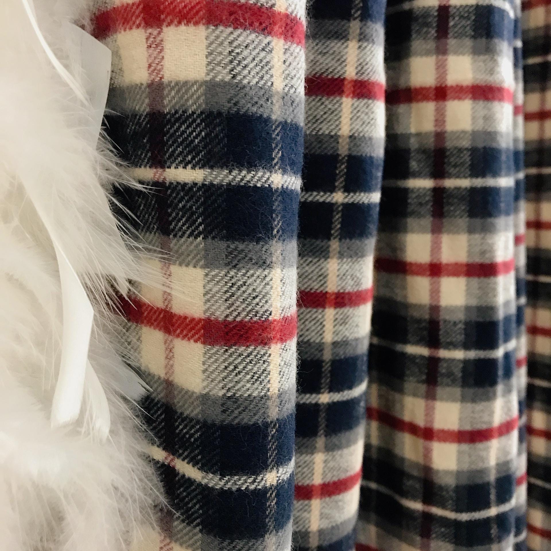 Deep Indigo Blue and Burgundy Plaid Curtain on Ivory