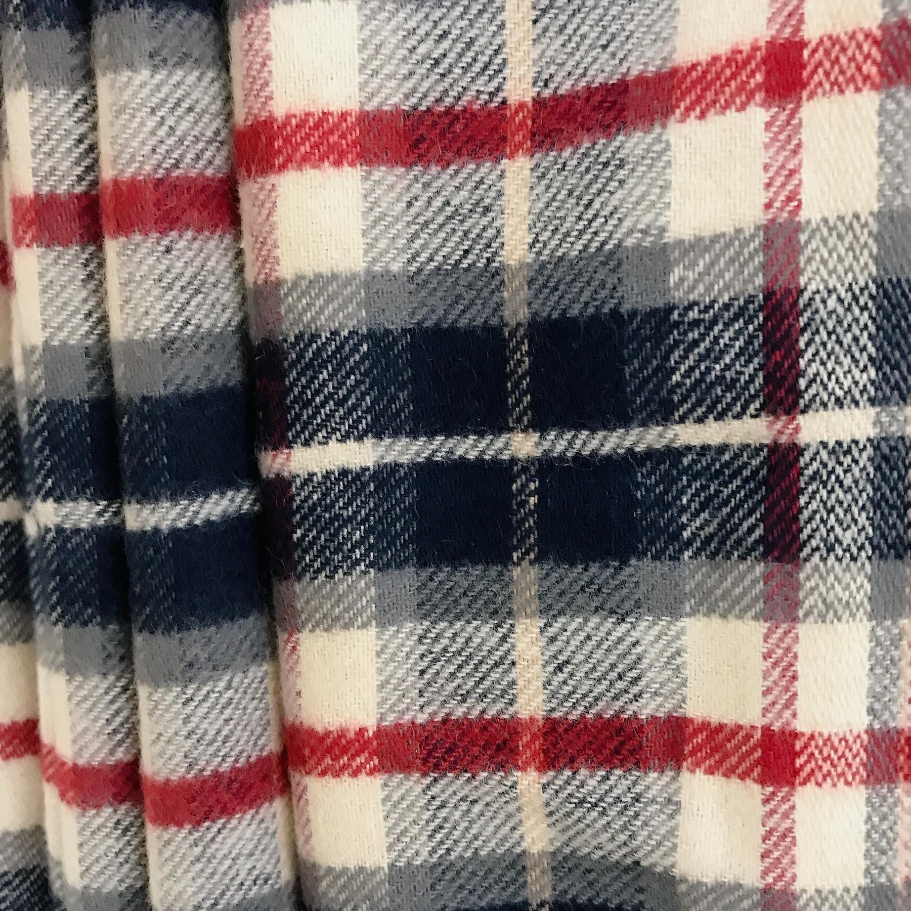 Deep Indigo Blue and Burgundy Plaid Curtain on Ivory