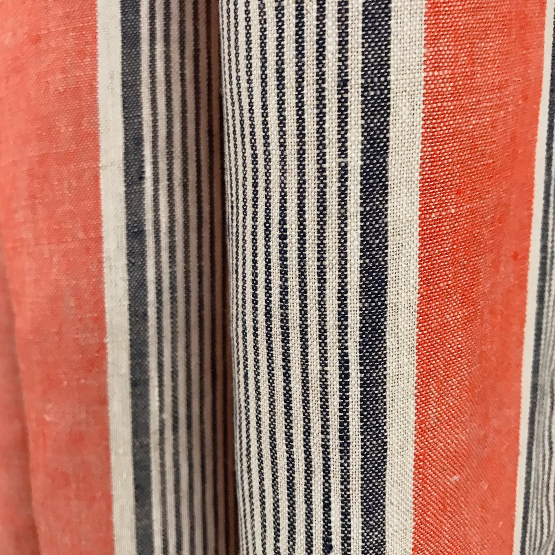 Indigo Blue Vertical Stripe Curtain on Faded Scarlet Red