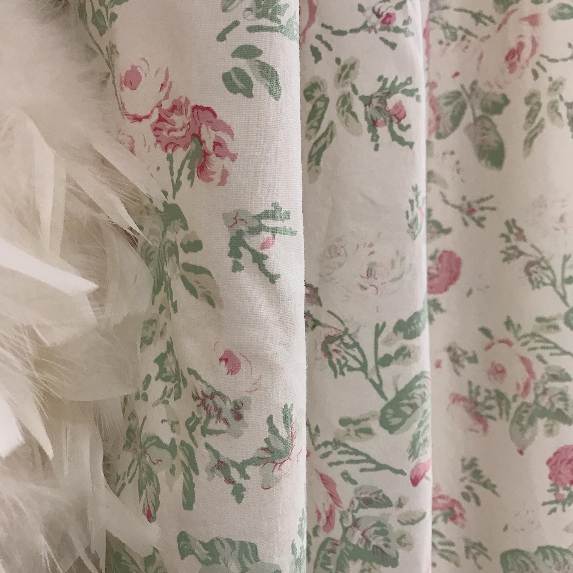 Pink and Grey Blue Teal Leaf Floral Curtain on Ivory