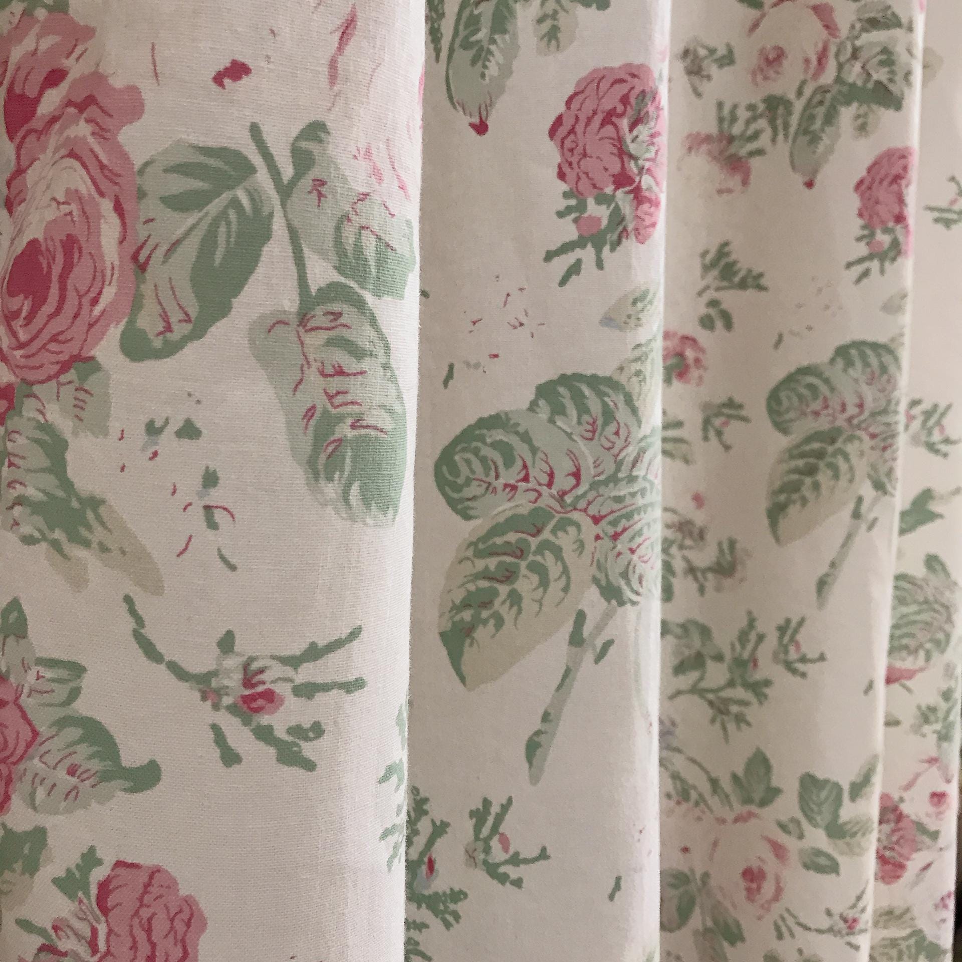 Pink and Grey Blue Teal Leaf Floral Curtain on Ivory