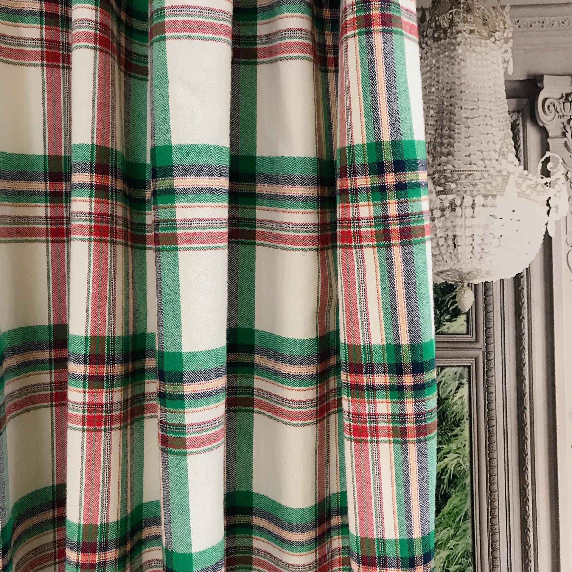 Green Red and Navy Plaid Curtain on Ivory