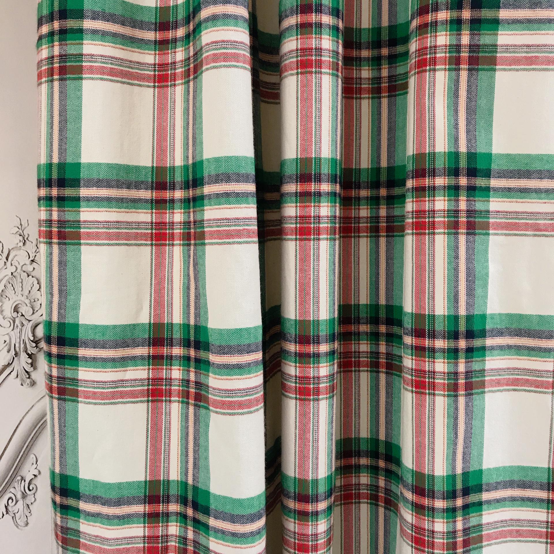Green Red and Navy Plaid Curtain on Ivory