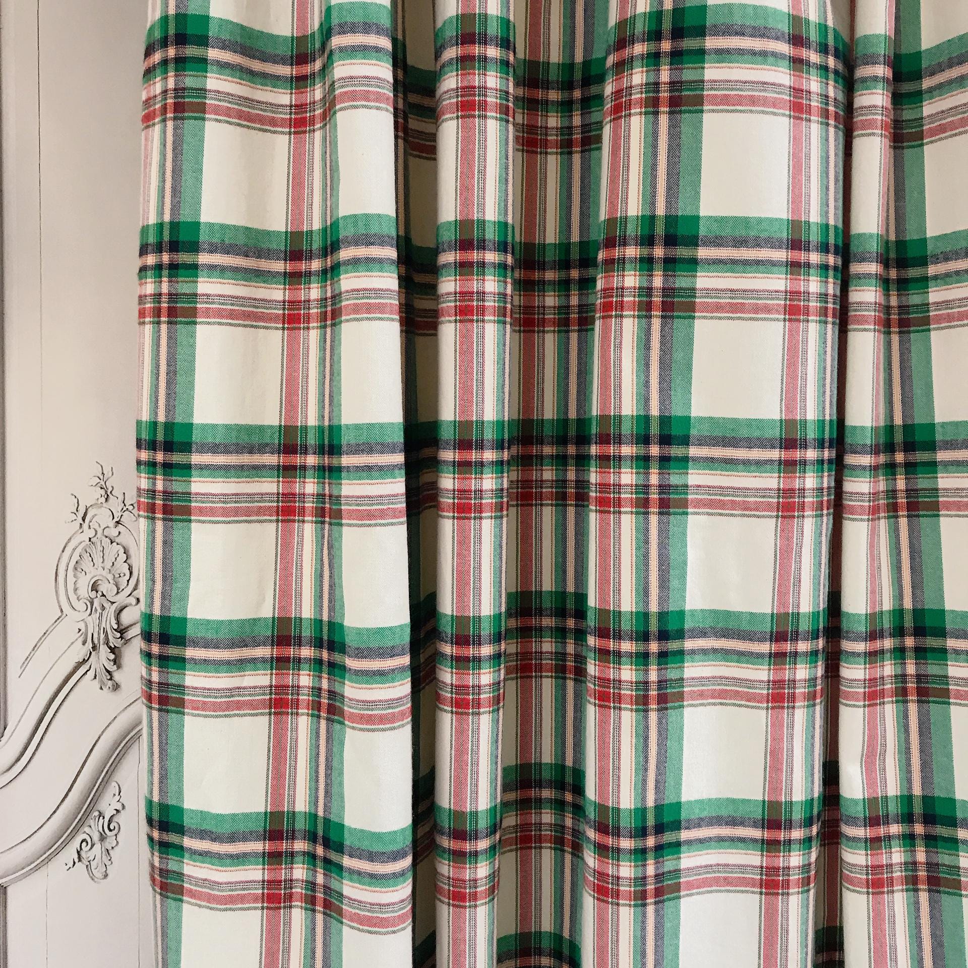 Green Red and Navy Plaid Curtain on Ivory