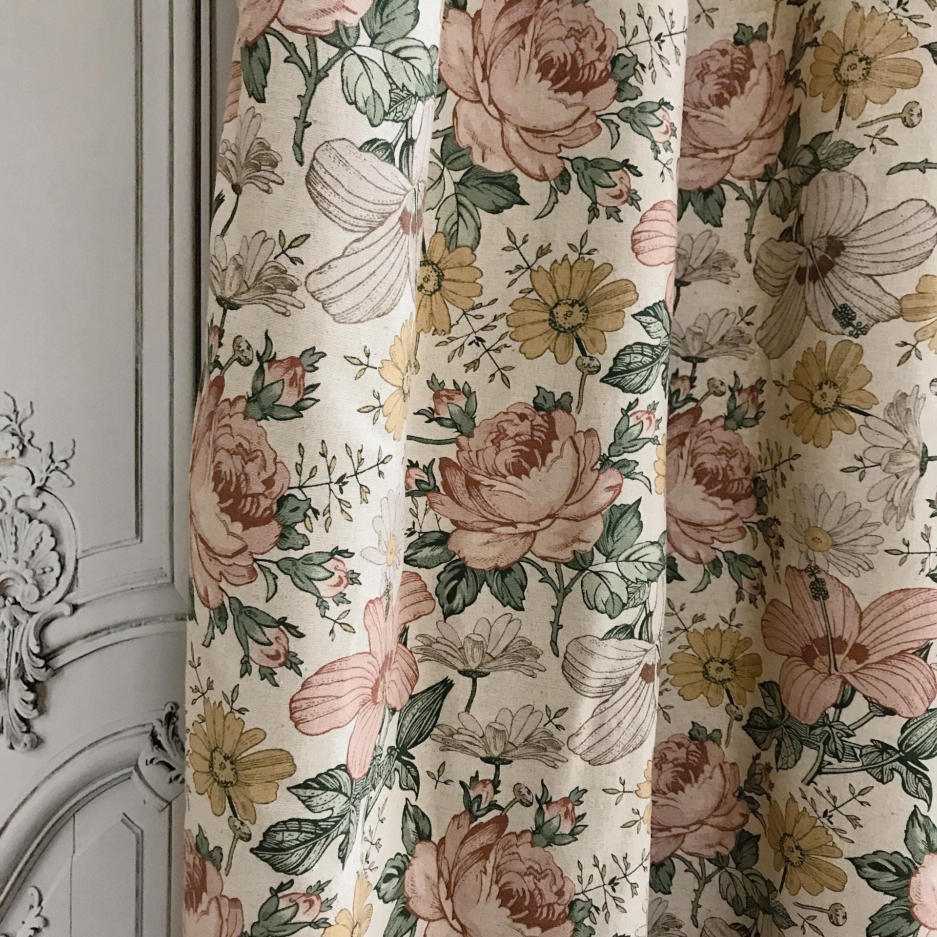 Muted Soft Pink Floral Curtain on Oatmeal Beige