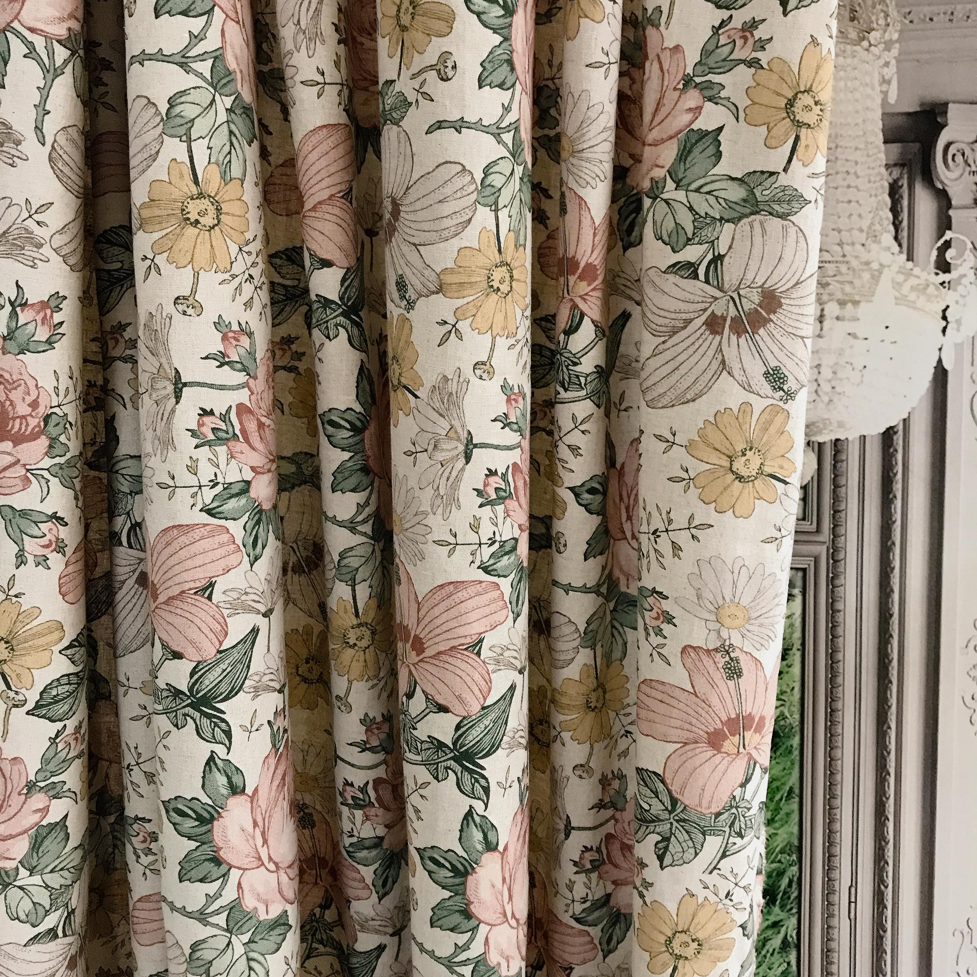 Muted Soft Pink Floral Curtain on Oatmeal Beige