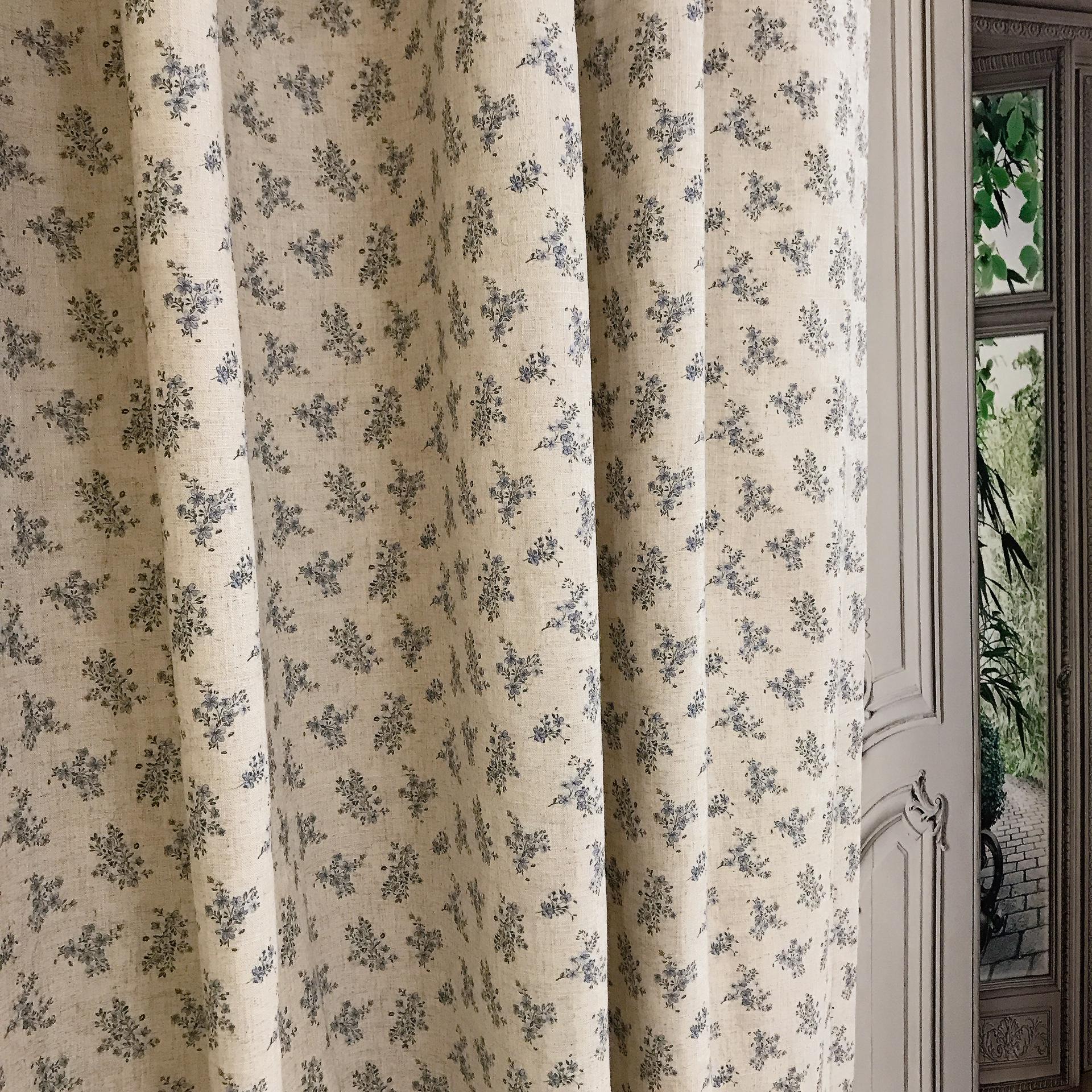 Blue and Deep Green Tiny Floral Curtain on Natural Beige