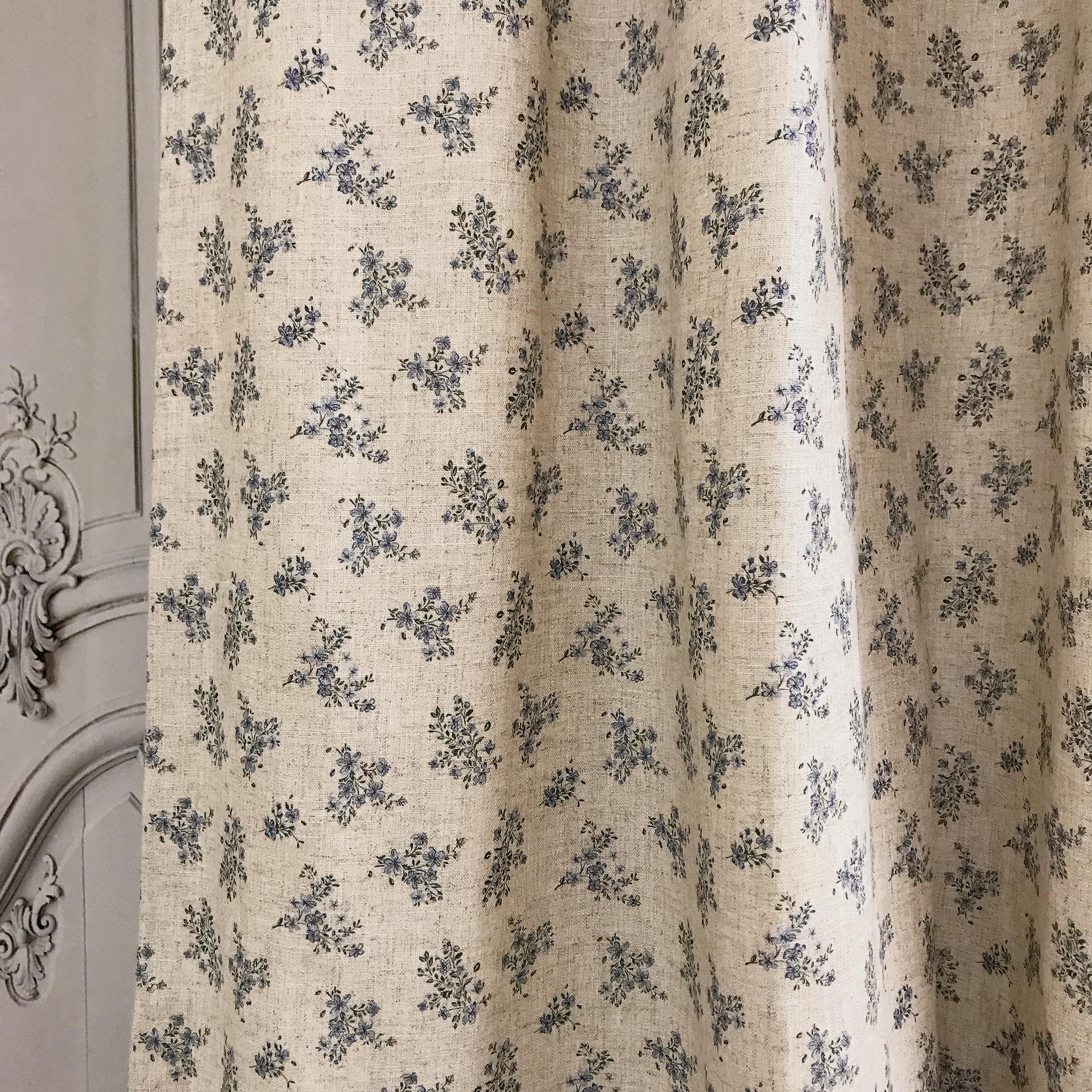 Blue and Deep Green Tiny Floral Curtain on Natural Beige