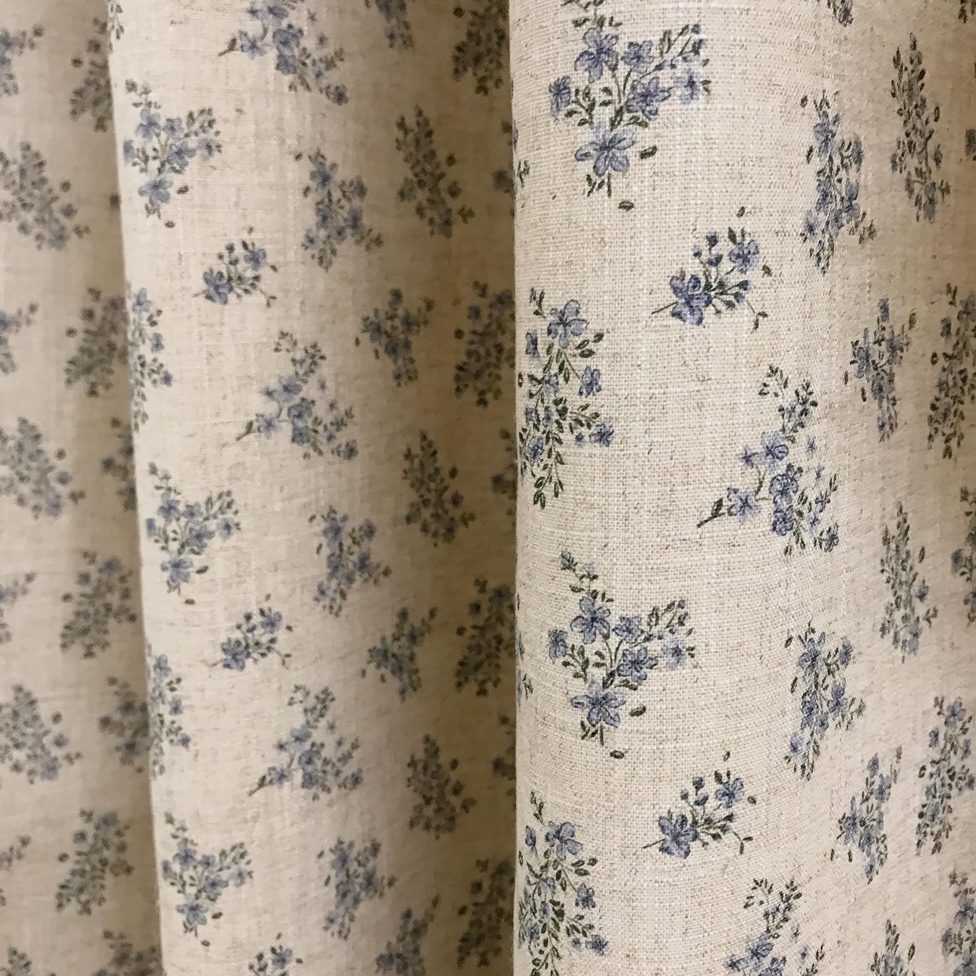 Blue and Deep Green Tiny Floral Curtain on Natural Beige