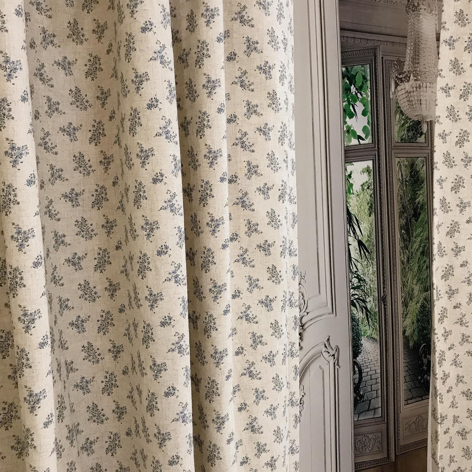 Blue and Deep Green Tiny Floral Curtain on Natural Beige