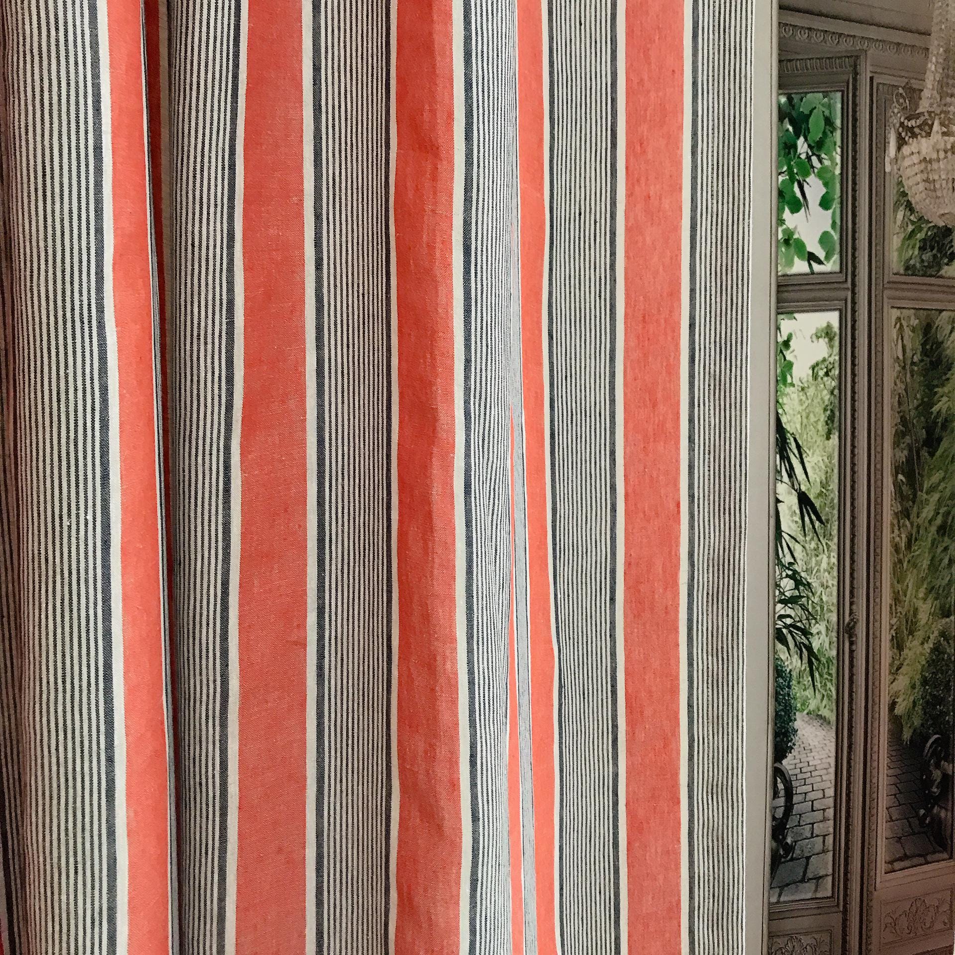 Indigo Blue Vertical Stripe Curtain on Faded Scarlet Red