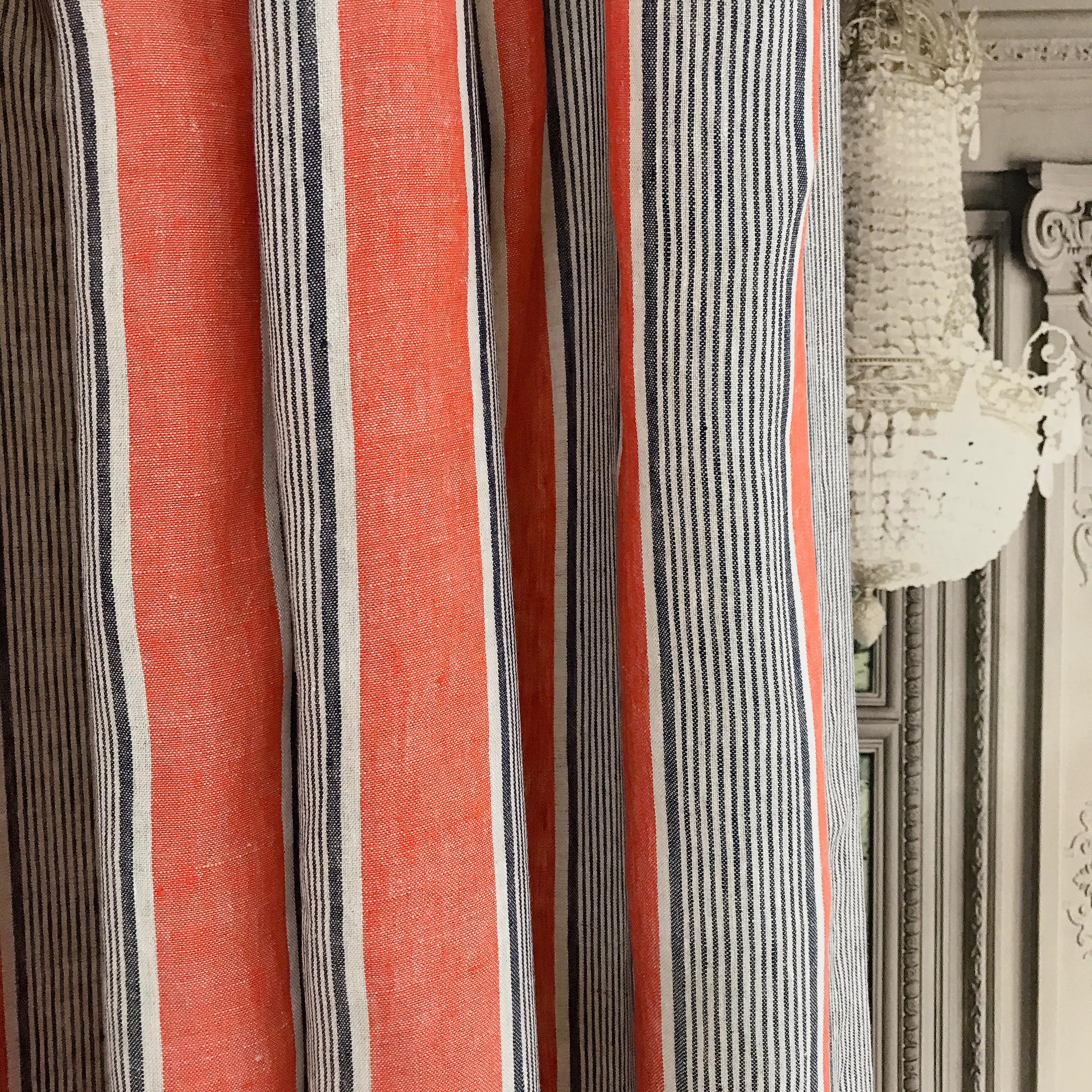 Indigo Blue Vertical Stripe Curtain on Faded Scarlet Red