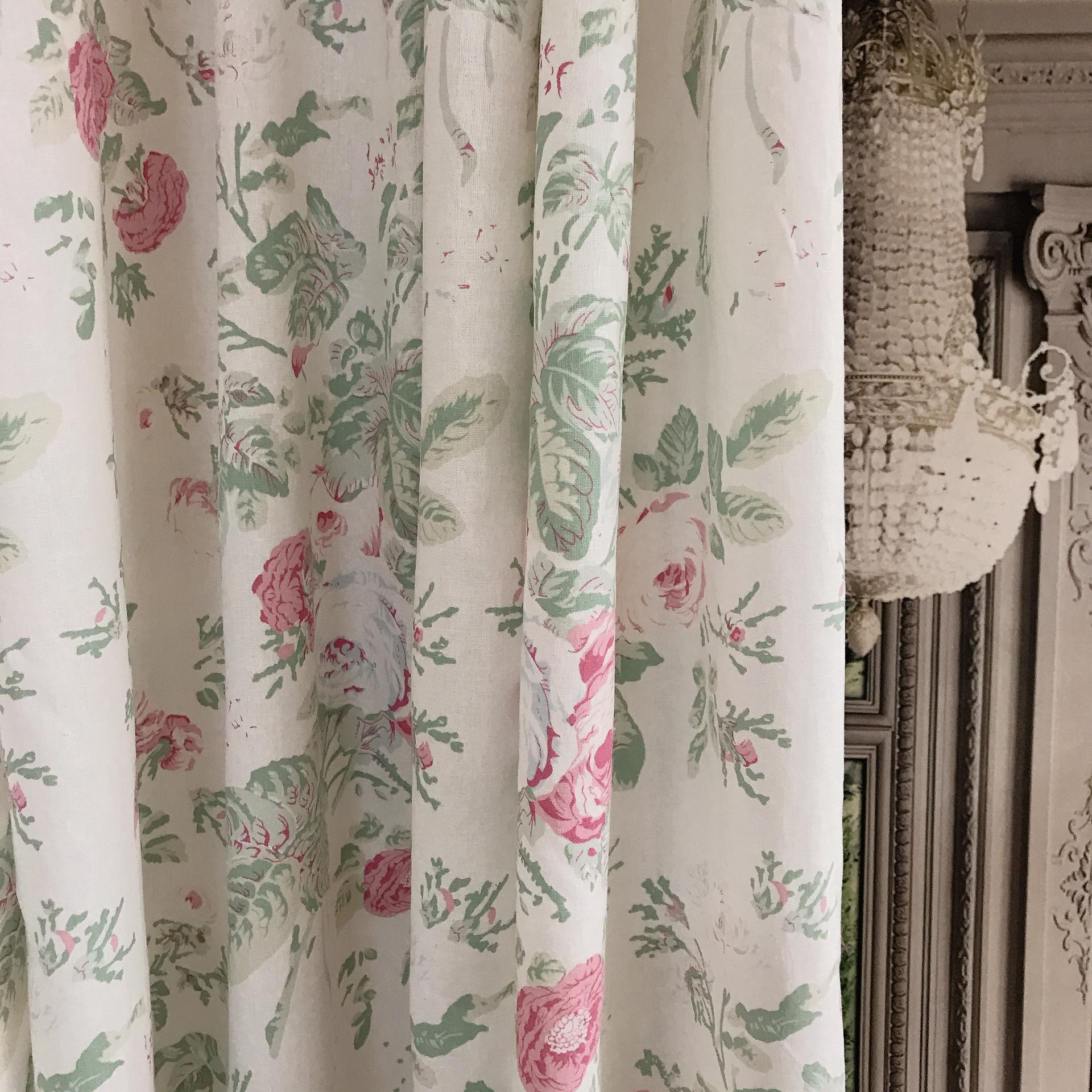 Pink and Grey Blue Teal Leaf Floral Curtain on Ivory