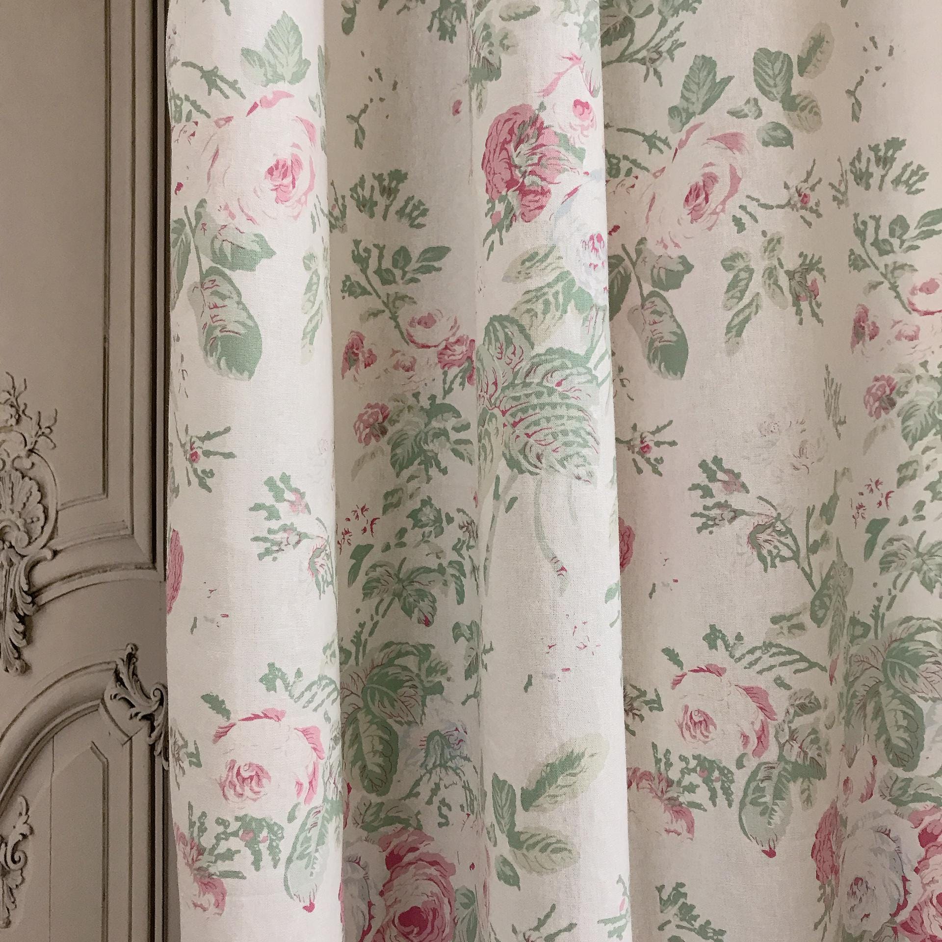 Pink and Grey Blue Teal Leaf Floral Curtain on Ivory
