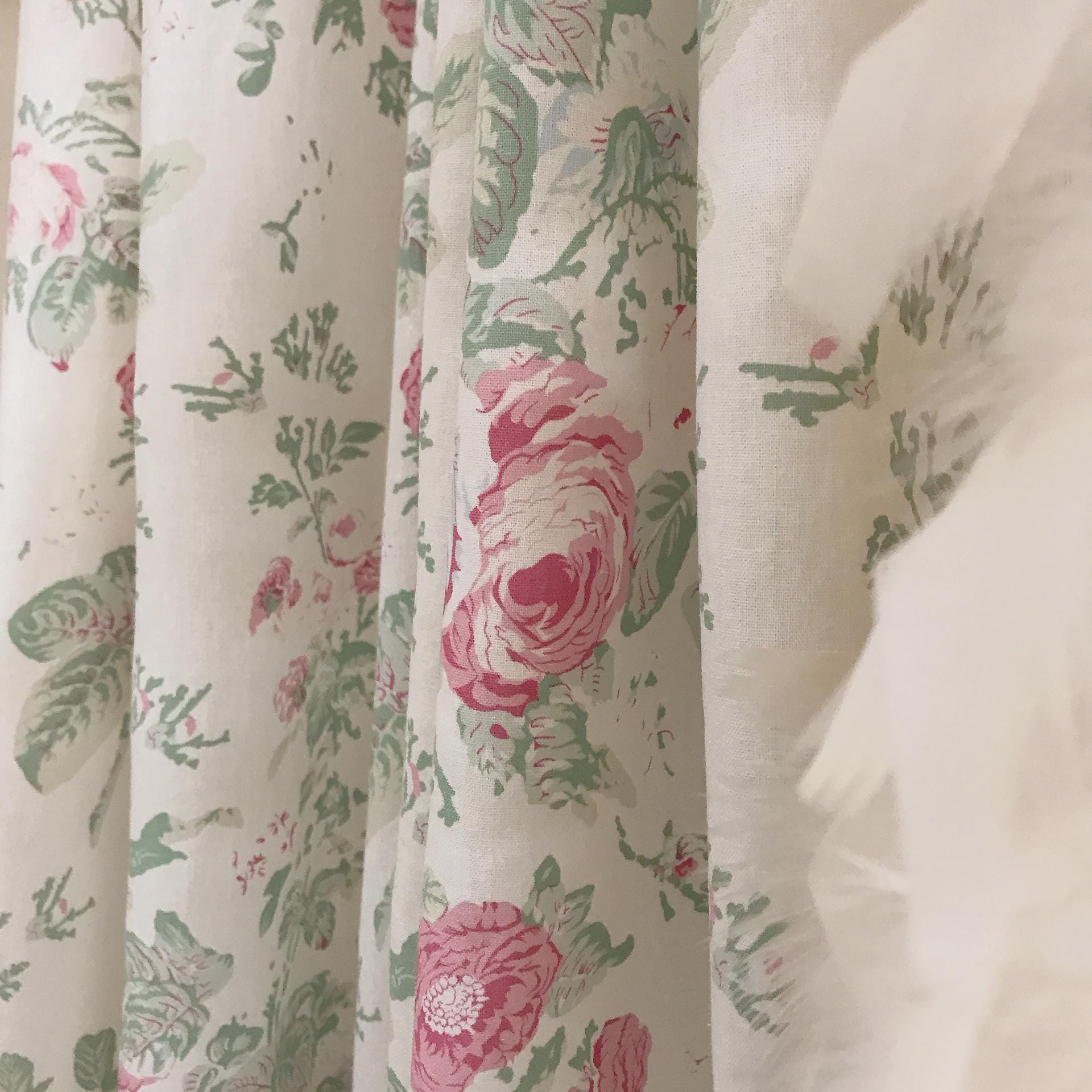 Pink and Grey Blue Teal Leaf Floral Curtain on Ivory