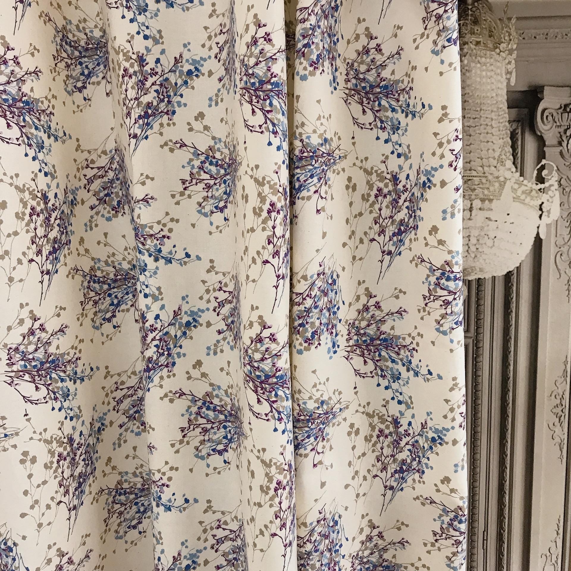 Purple and Mocha Brown Petite Floral Curtain on Natural Ivory