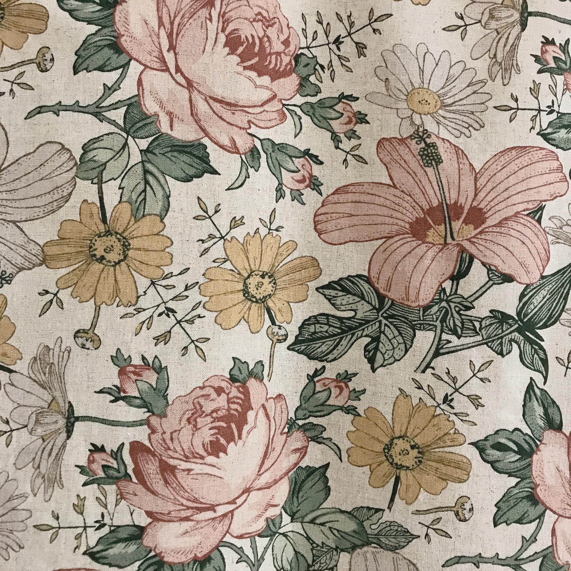 Muted Soft Pink Floral Curtain on Oatmeal Beige