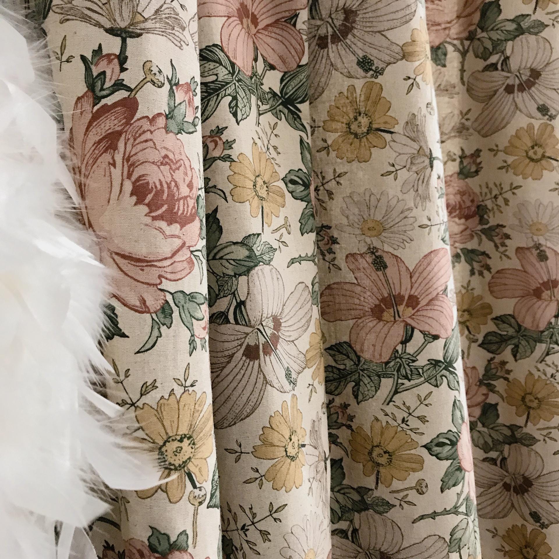 Muted Soft Pink Floral Curtain on Oatmeal Beige