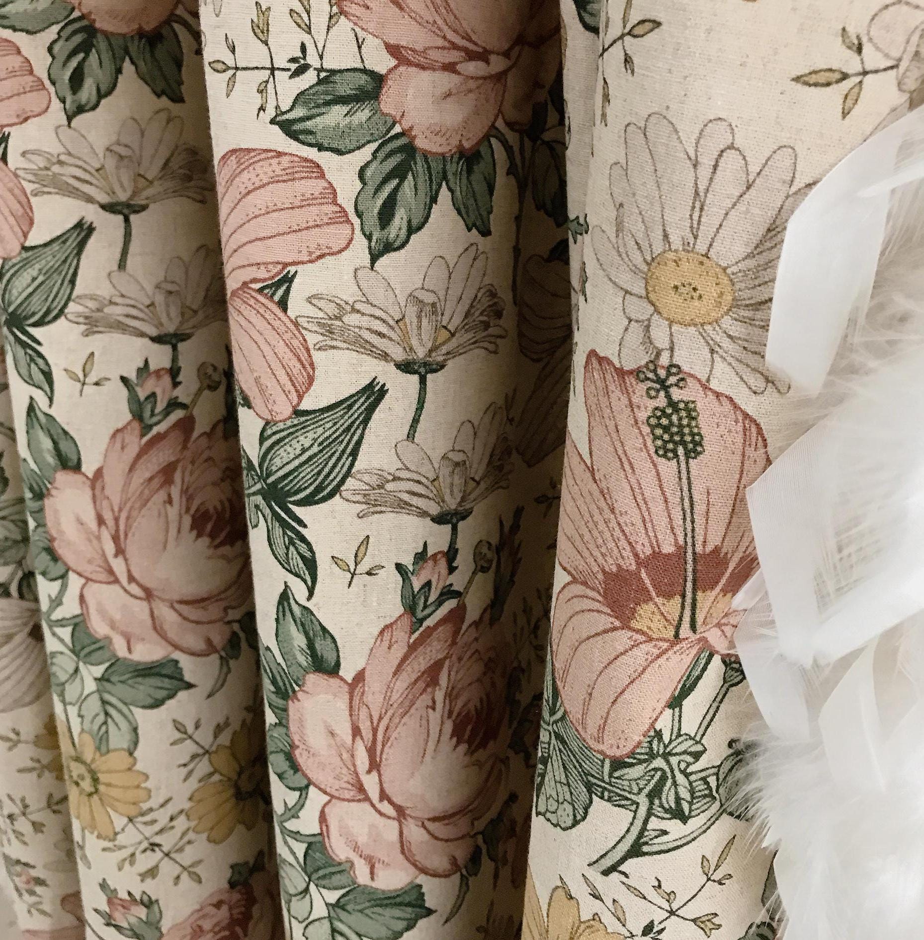 Muted Soft Pink Floral Curtain on Oatmeal Beige