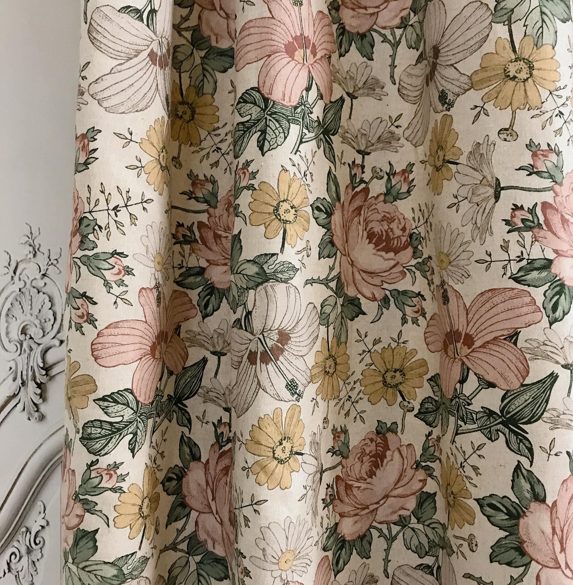 Muted Soft Pink Floral Curtain on Oatmeal Beige