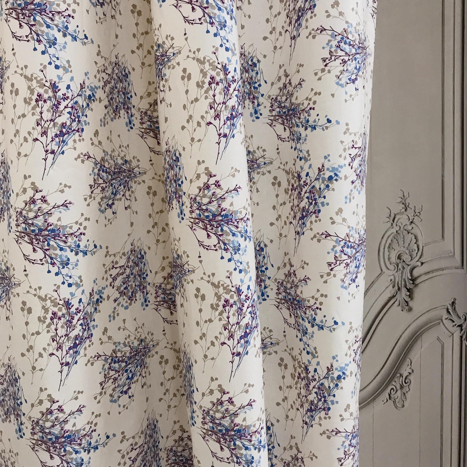 Purple and Mocha Brown Petite Floral Curtain on Natural Ivory