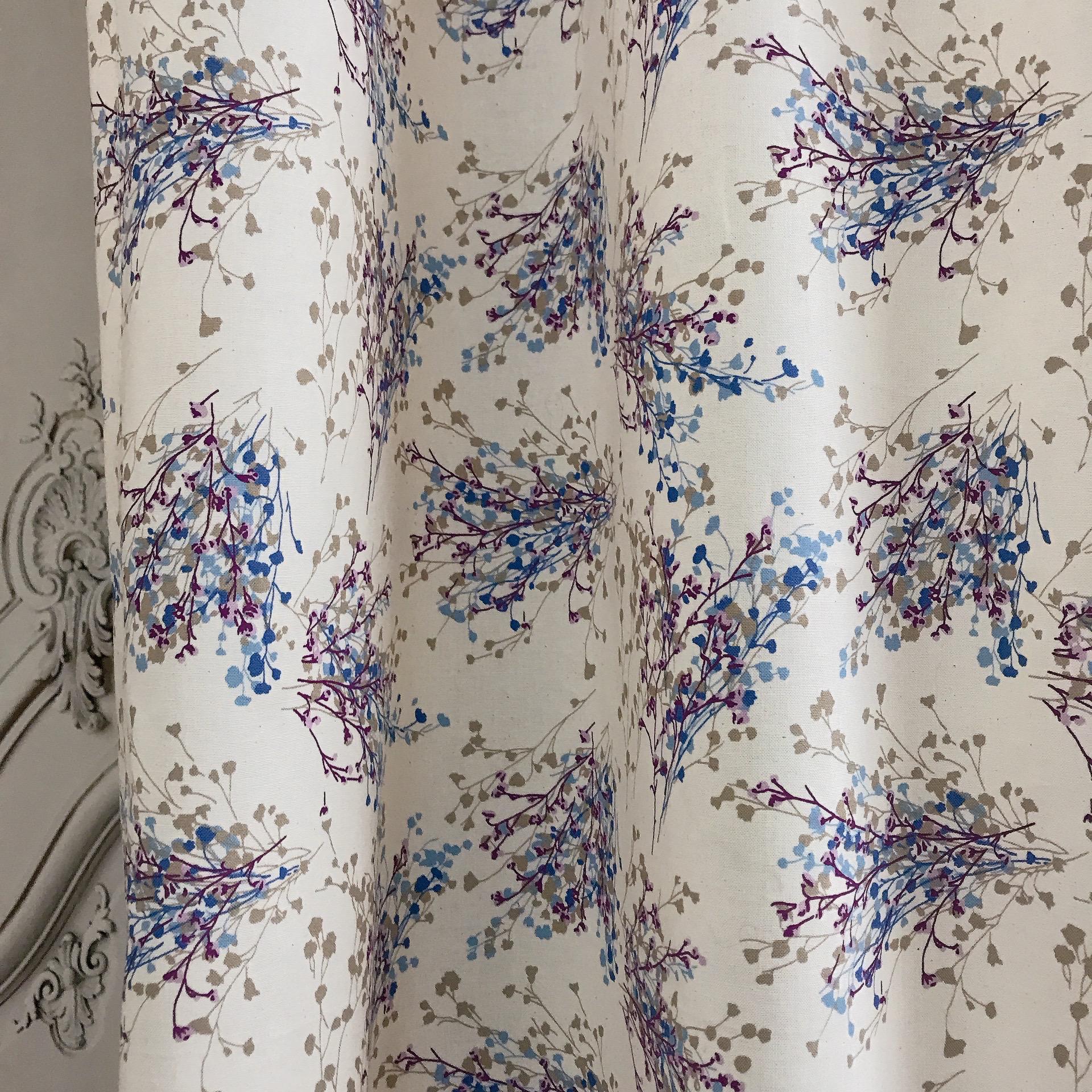 Purple and Mocha Brown Petite Floral Curtain on Natural Ivory