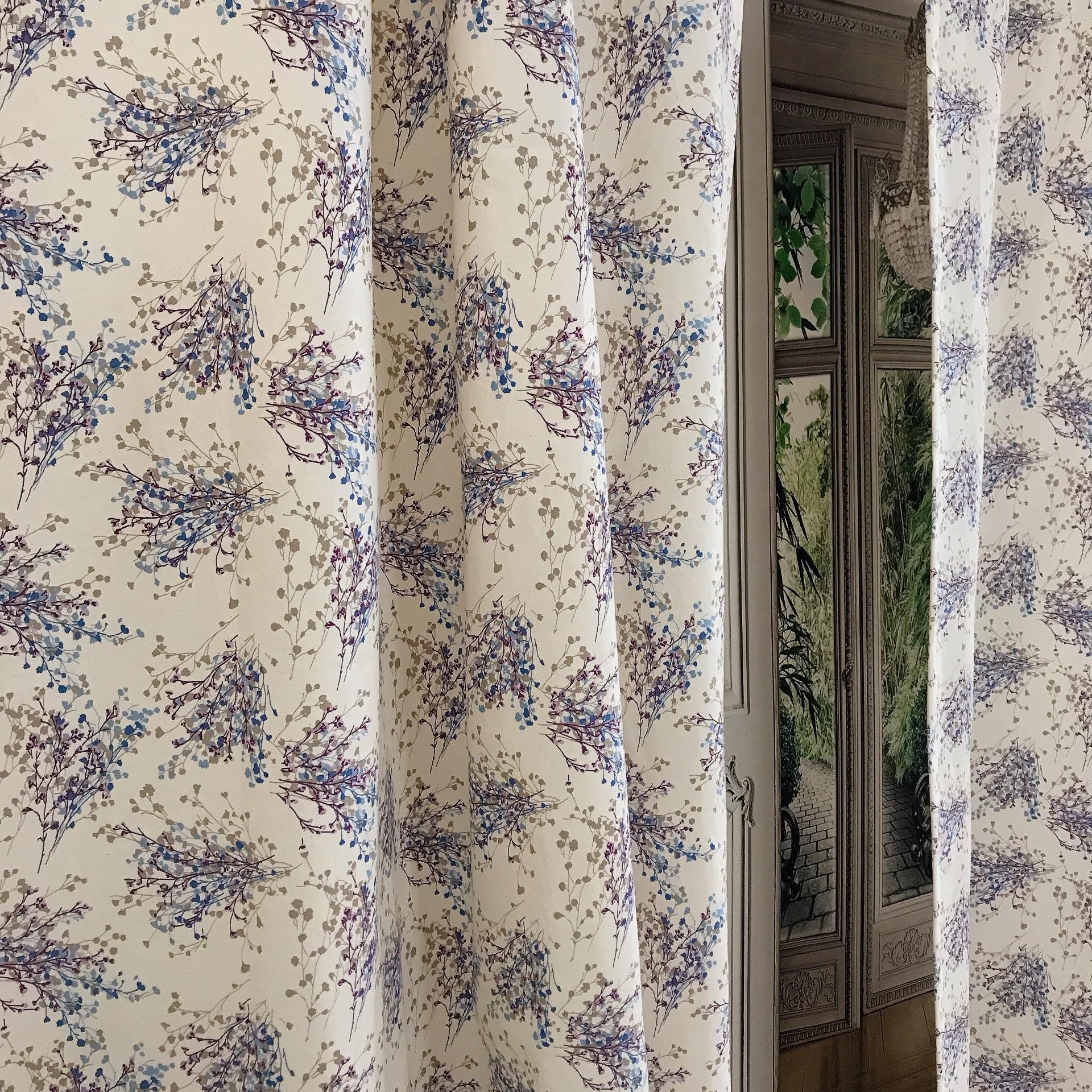 Purple and Mocha Brown Petite Floral Curtain on Natural Ivory