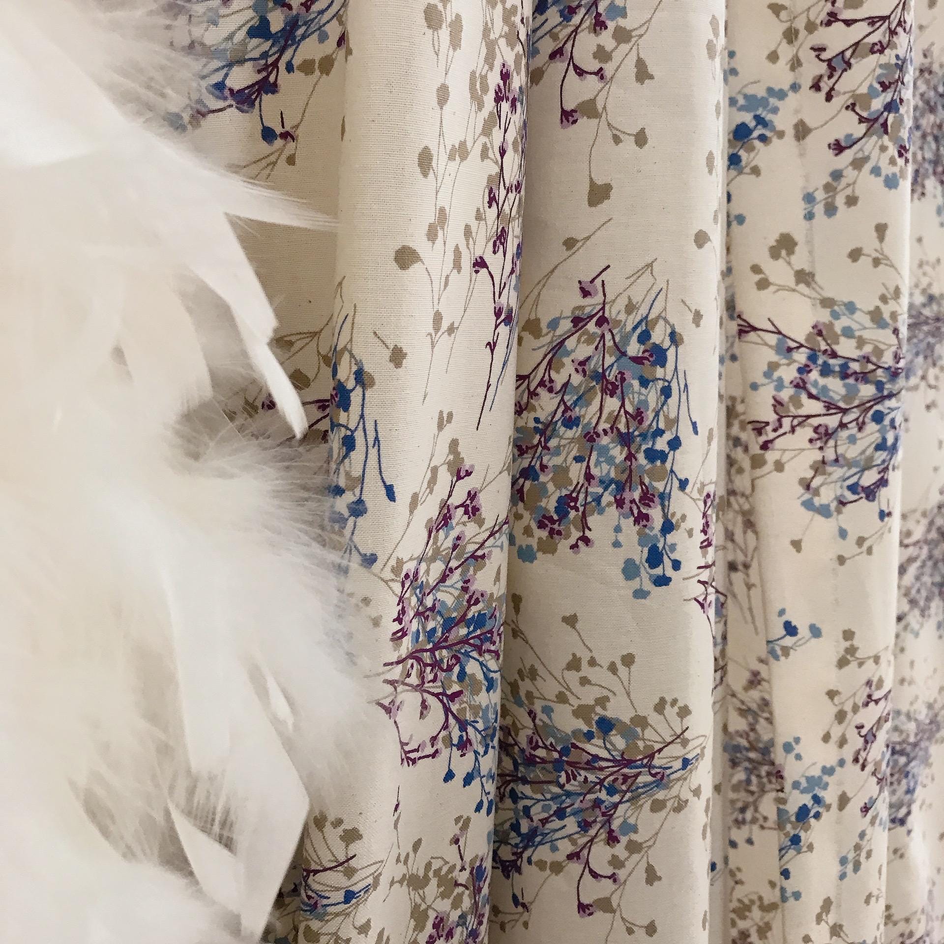 Purple and Mocha Brown Petite Floral Curtain on Natural Ivory