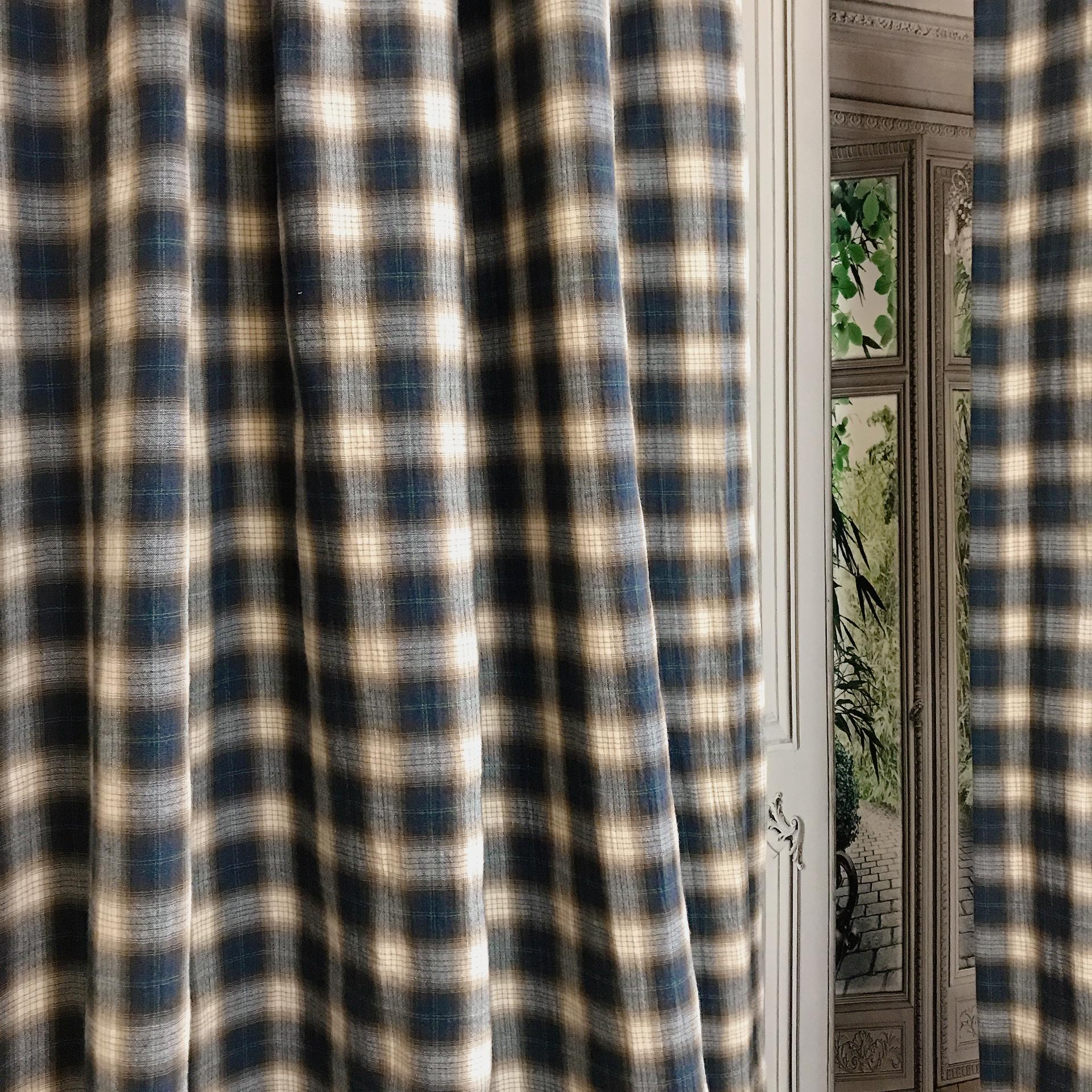 Deep Brown and Indigo Blue Plaid Curtain on Natural Beige