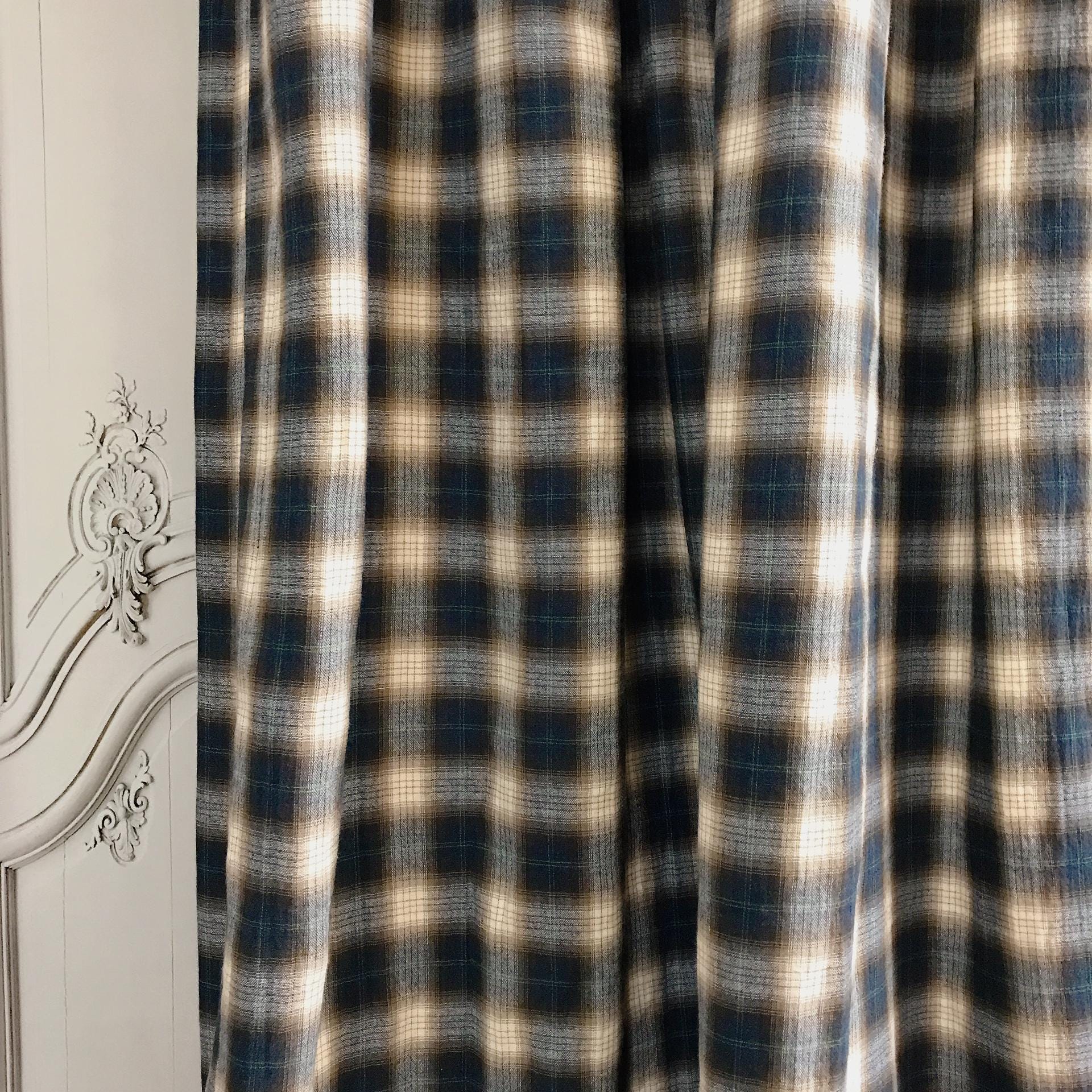 Deep Brown and Indigo Blue Plaid Curtain on Natural Beige