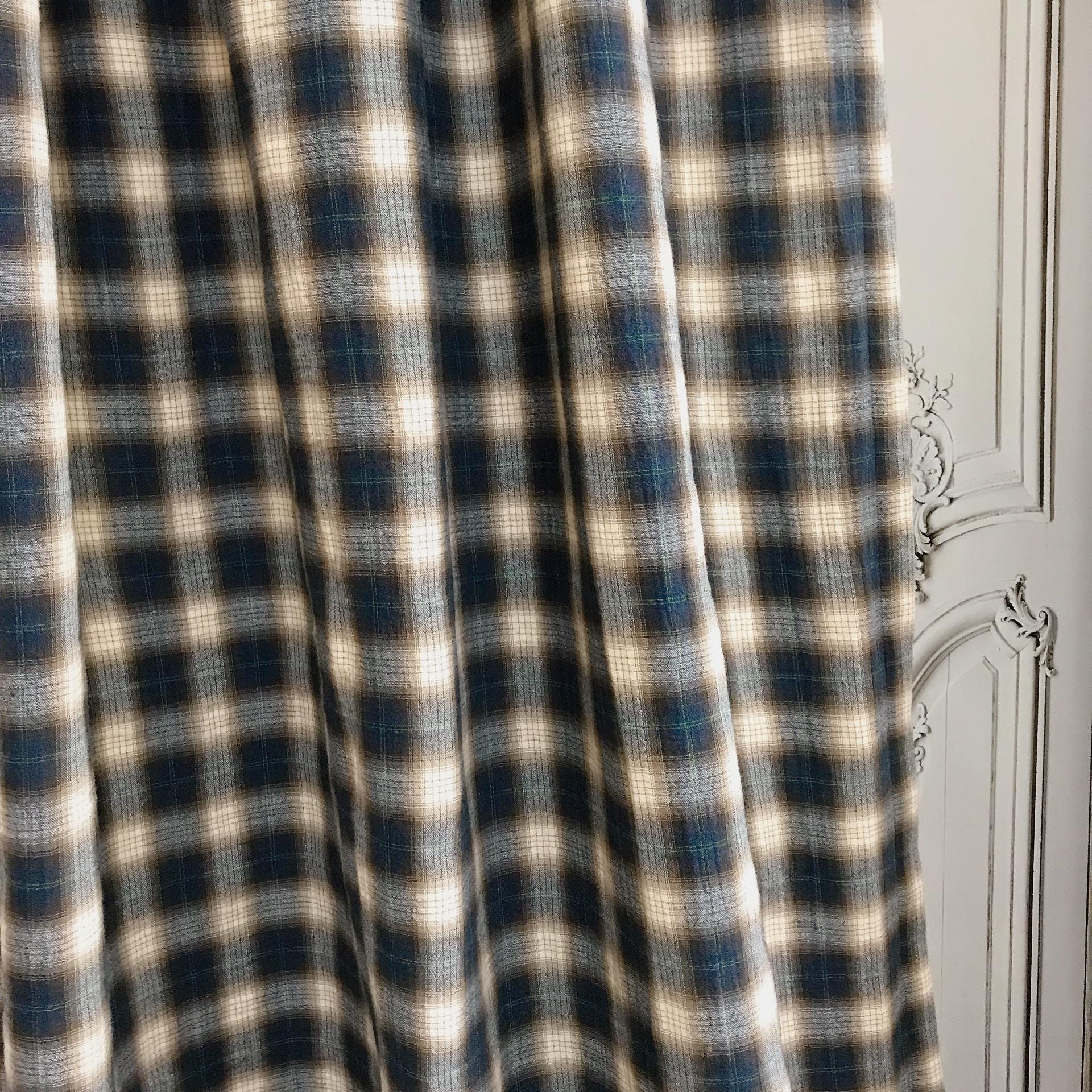 Deep Brown and Indigo Blue Plaid Curtain on Natural Beige