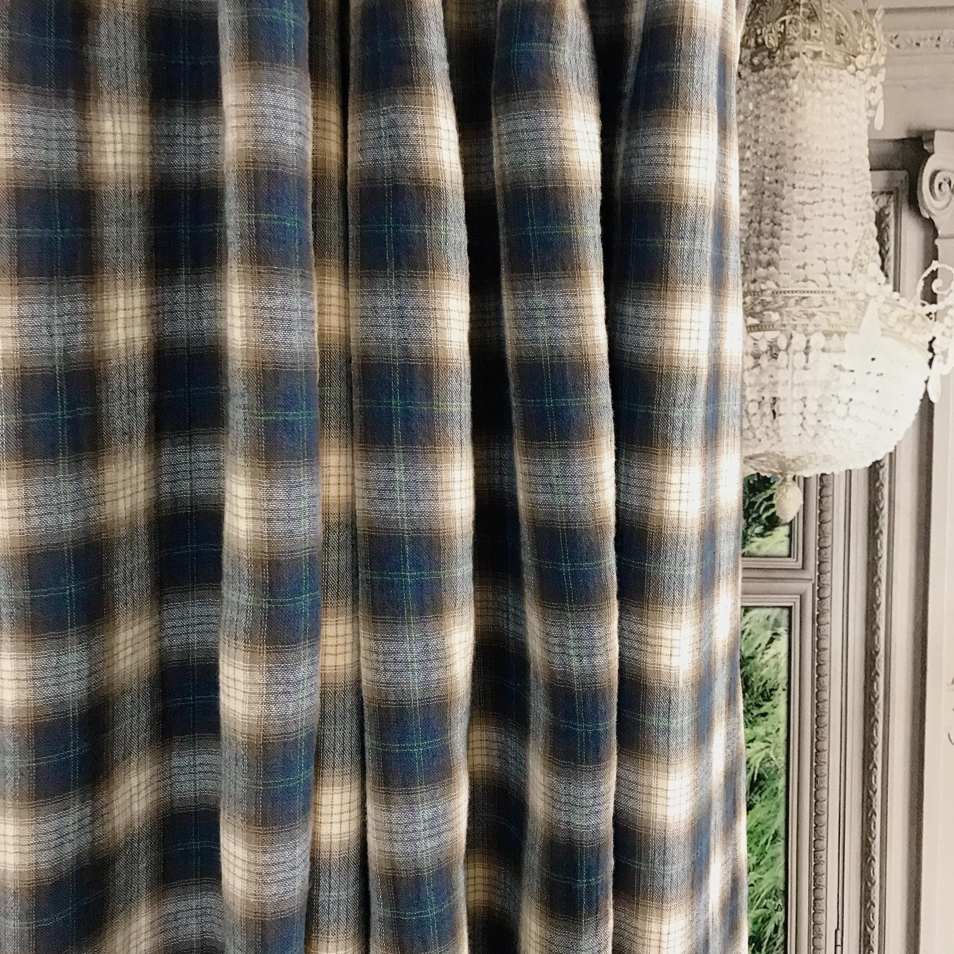 Deep Brown and Indigo Blue Plaid Curtain on Natural Beige