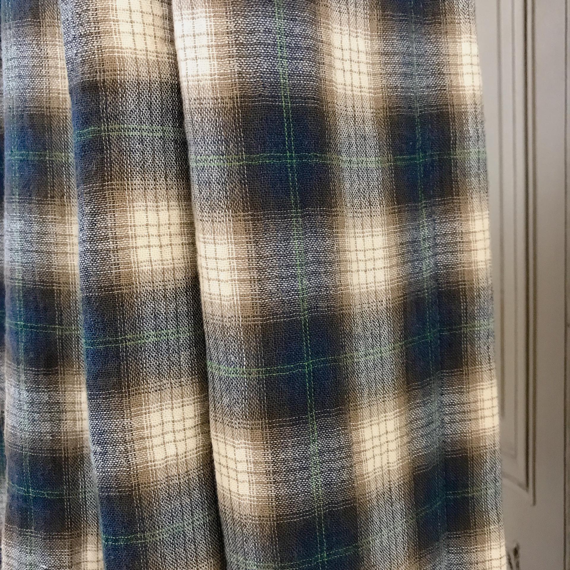 Deep Brown and Indigo Blue Plaid Curtain on Natural Beige