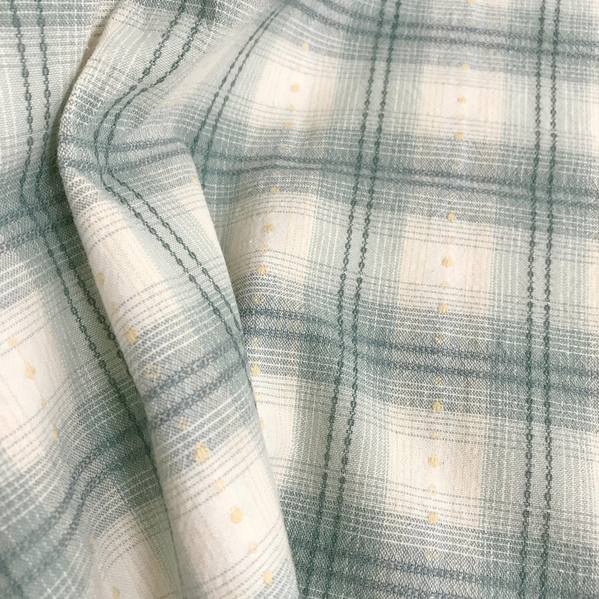 Minty Jade Plaid Curtain with Buttercup Embroidery on Ivory