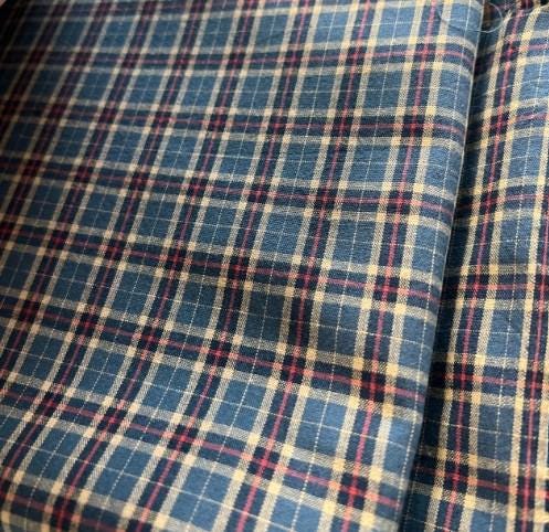 Dusty Red and Cream Plaid Curtain on Indigo Blue