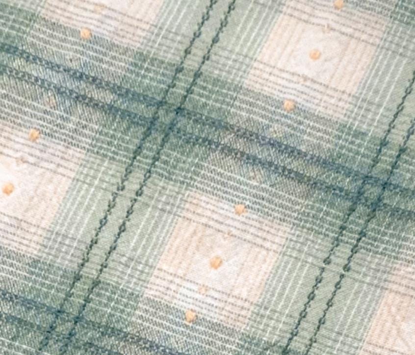 Minty Jade Plaid Curtain with Buttercup Embroidery on Ivory