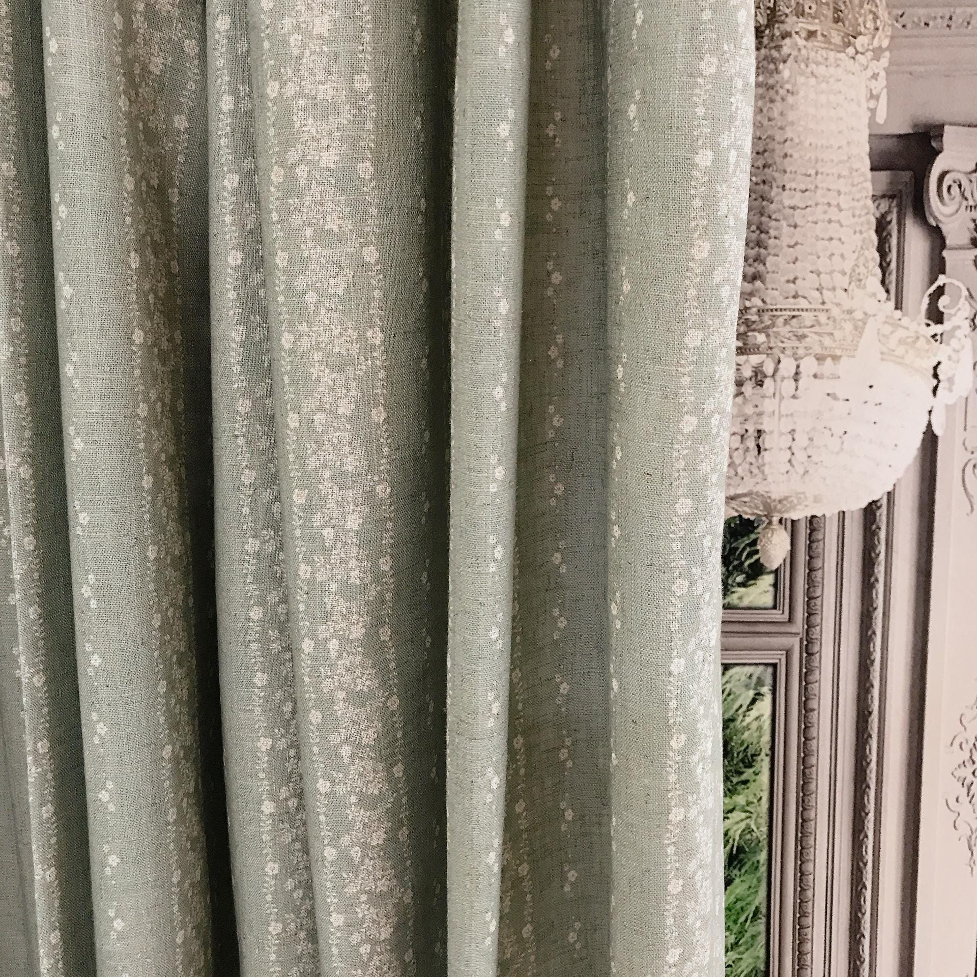 Natural Beige Vertical Floral Curtain on Dark Mint