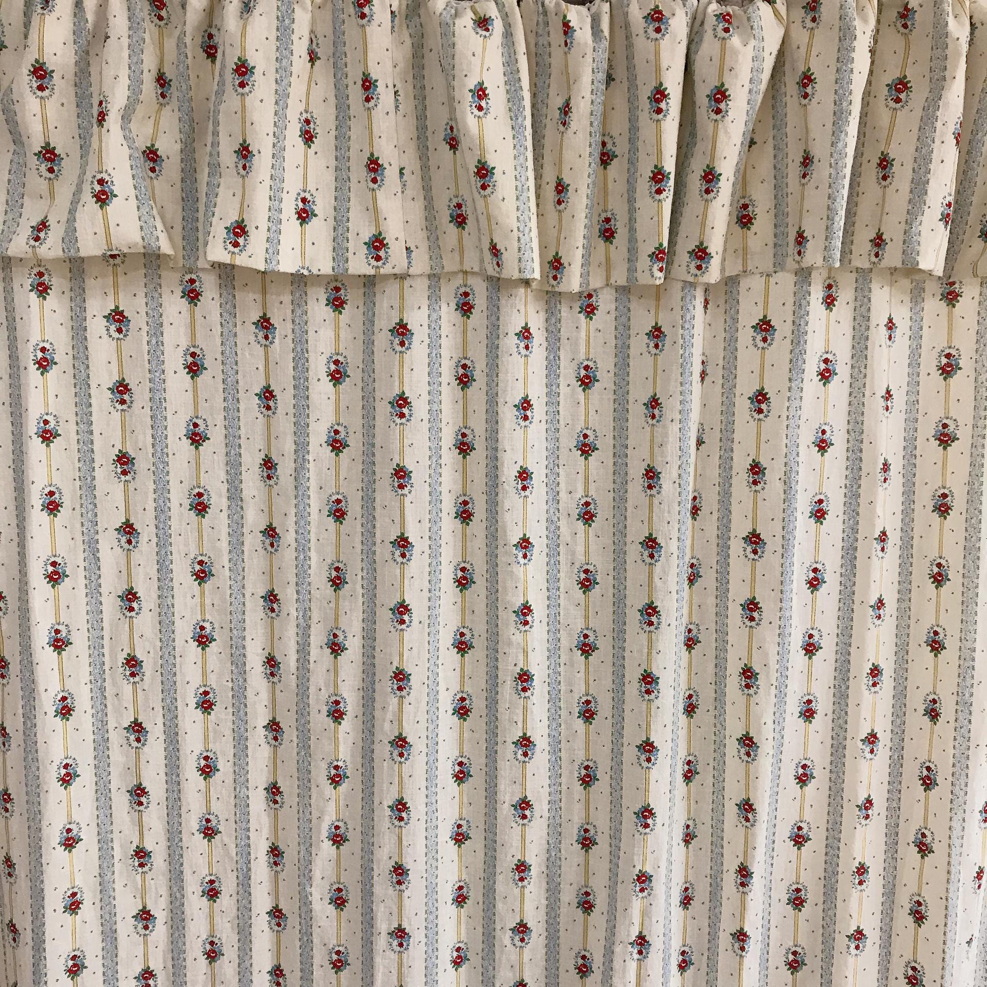 Red Floral and Yellow Vertical Stripe Curtain on Natural Beige