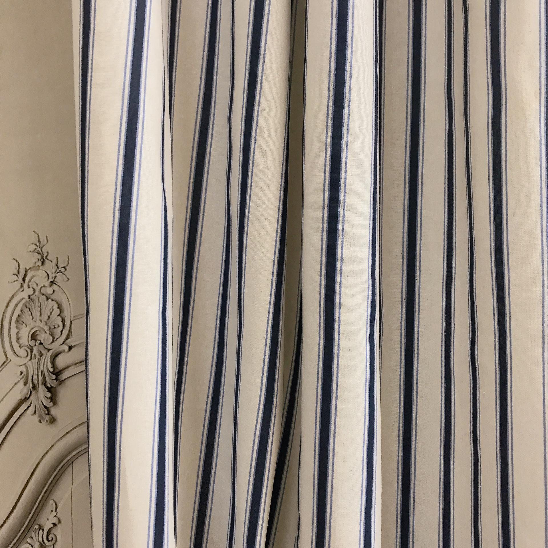 Deep Indigo Blue Stripe Linen Curtain on White