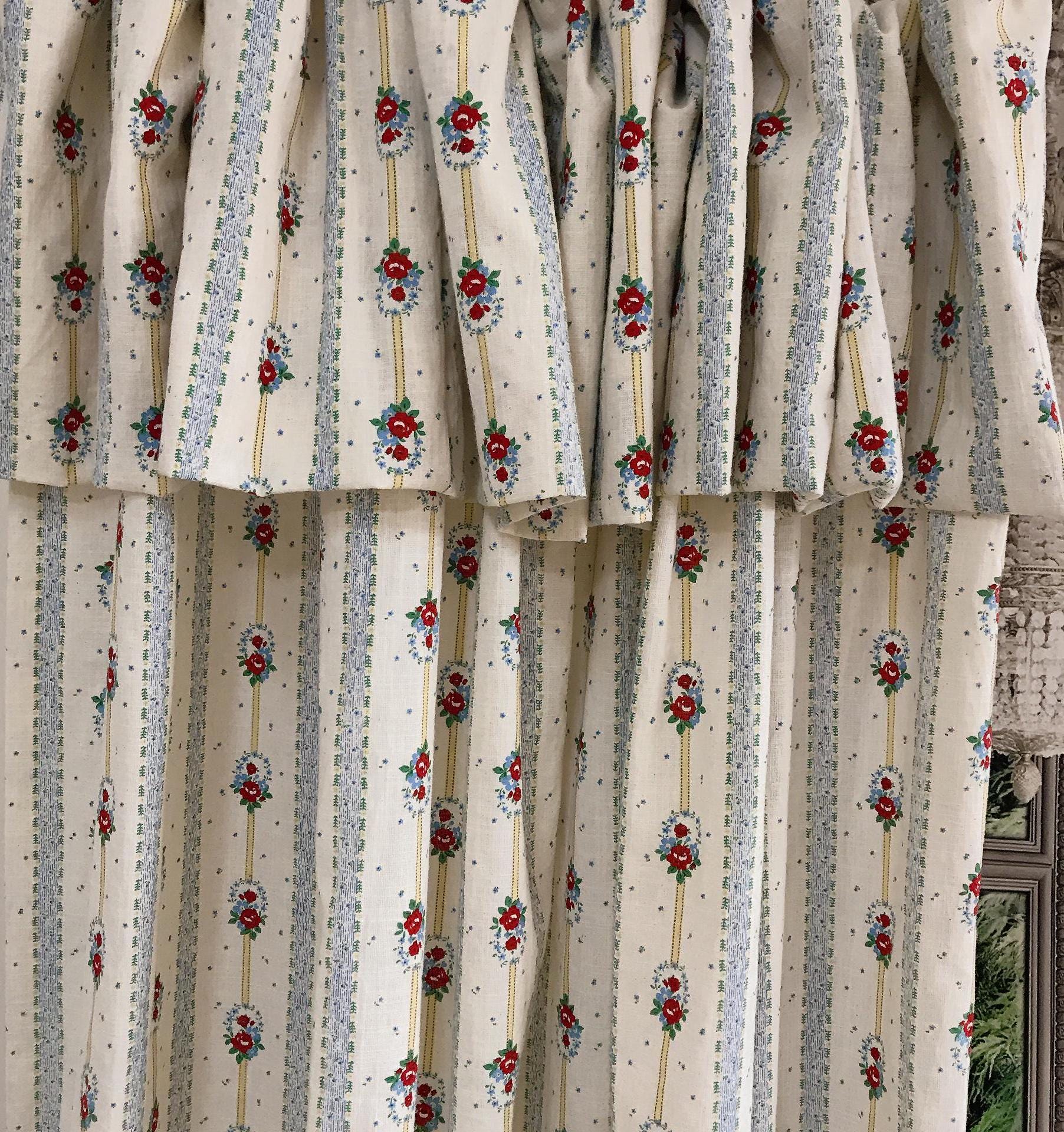 Red Floral and Yellow Vertical Stripe Curtain on Natural Beige