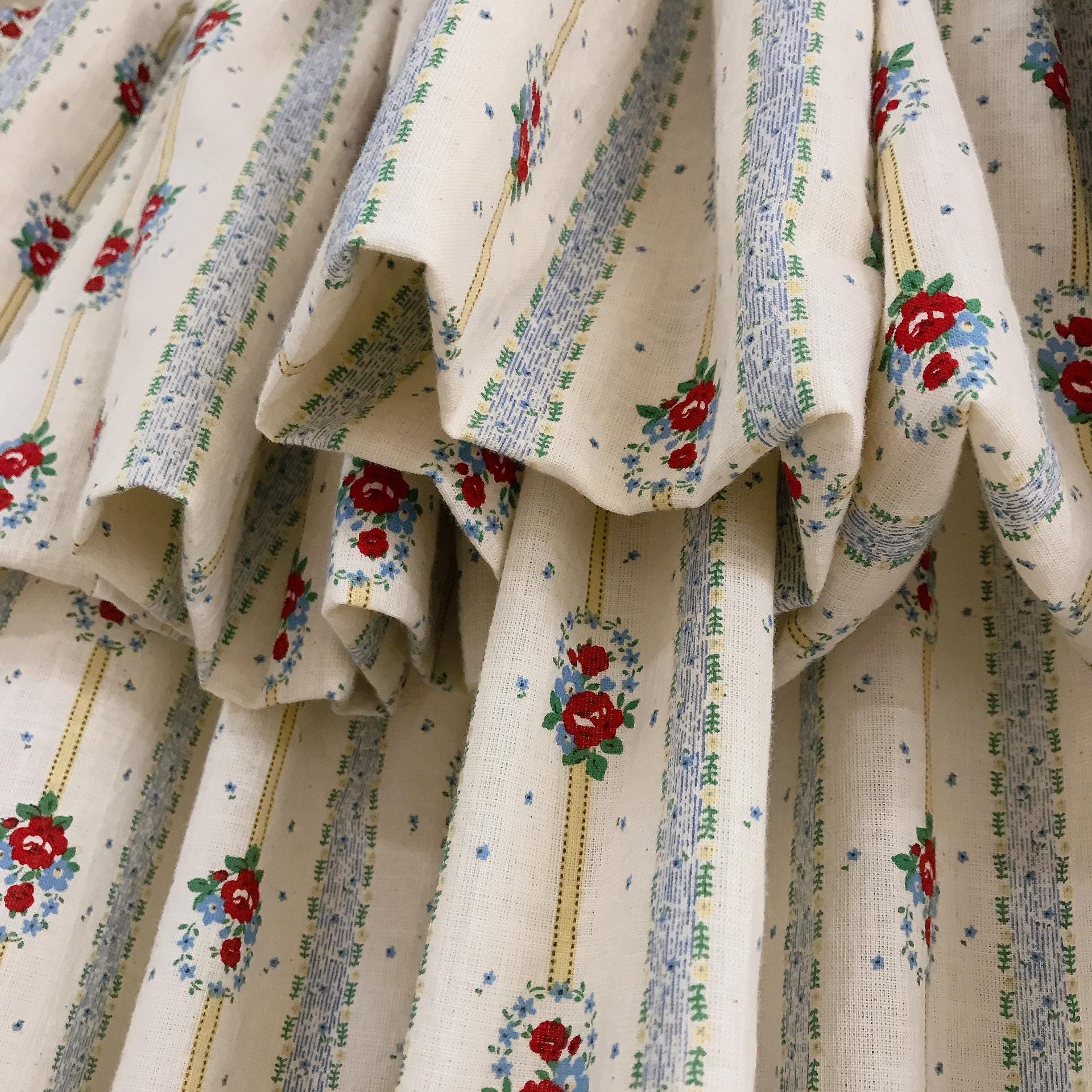 Red Floral and Yellow Vertical Stripe Curtain on Natural Beige